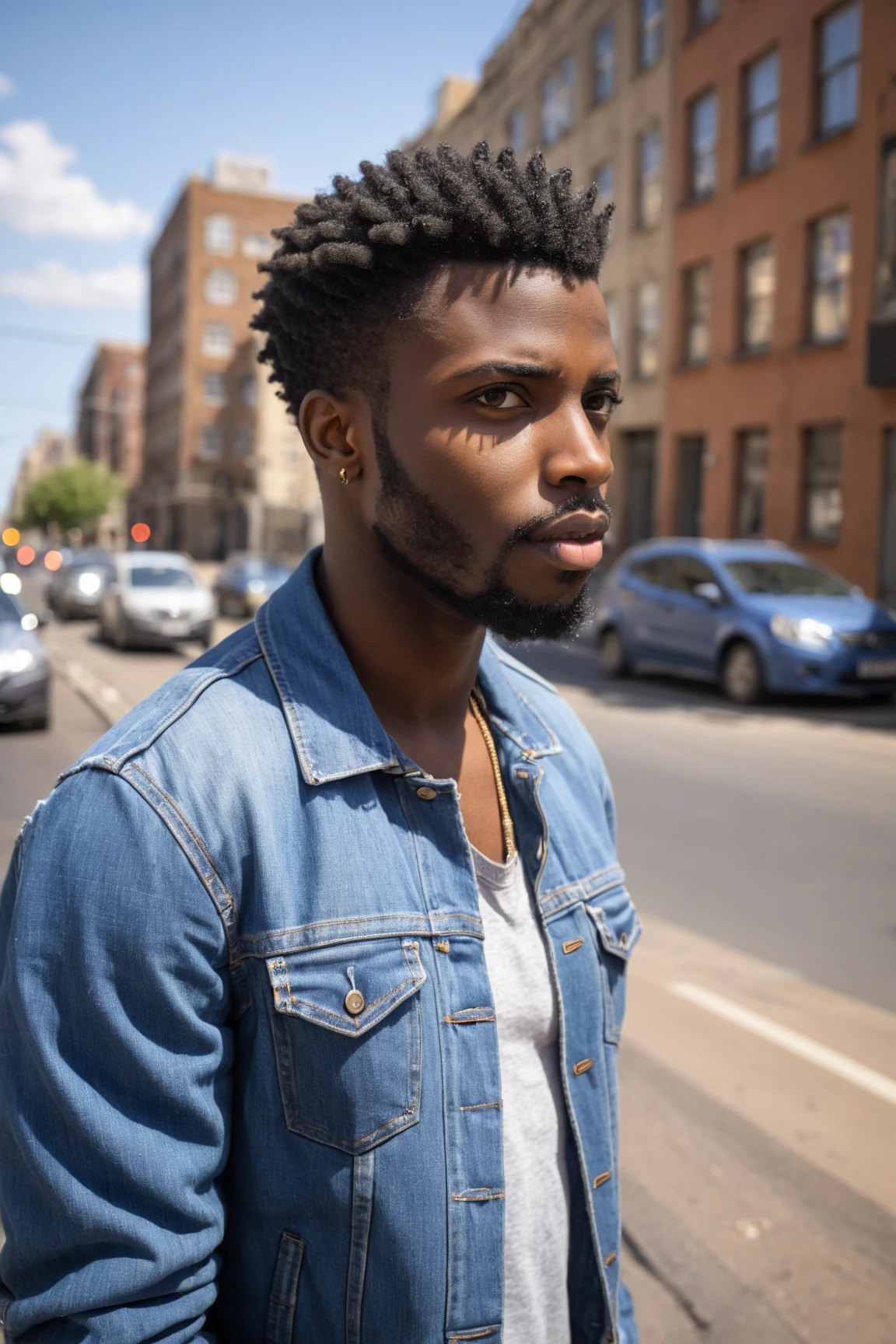 RAW photo of young african man standing on a city street, looking to the side, wearing a denim jacket with a serious expression, short curly hair and a well-groomed beard, detailed skin,  background includes buildings and power lines with a slightly blurred effect sunny day giving a warm natural light to the scene urban environment