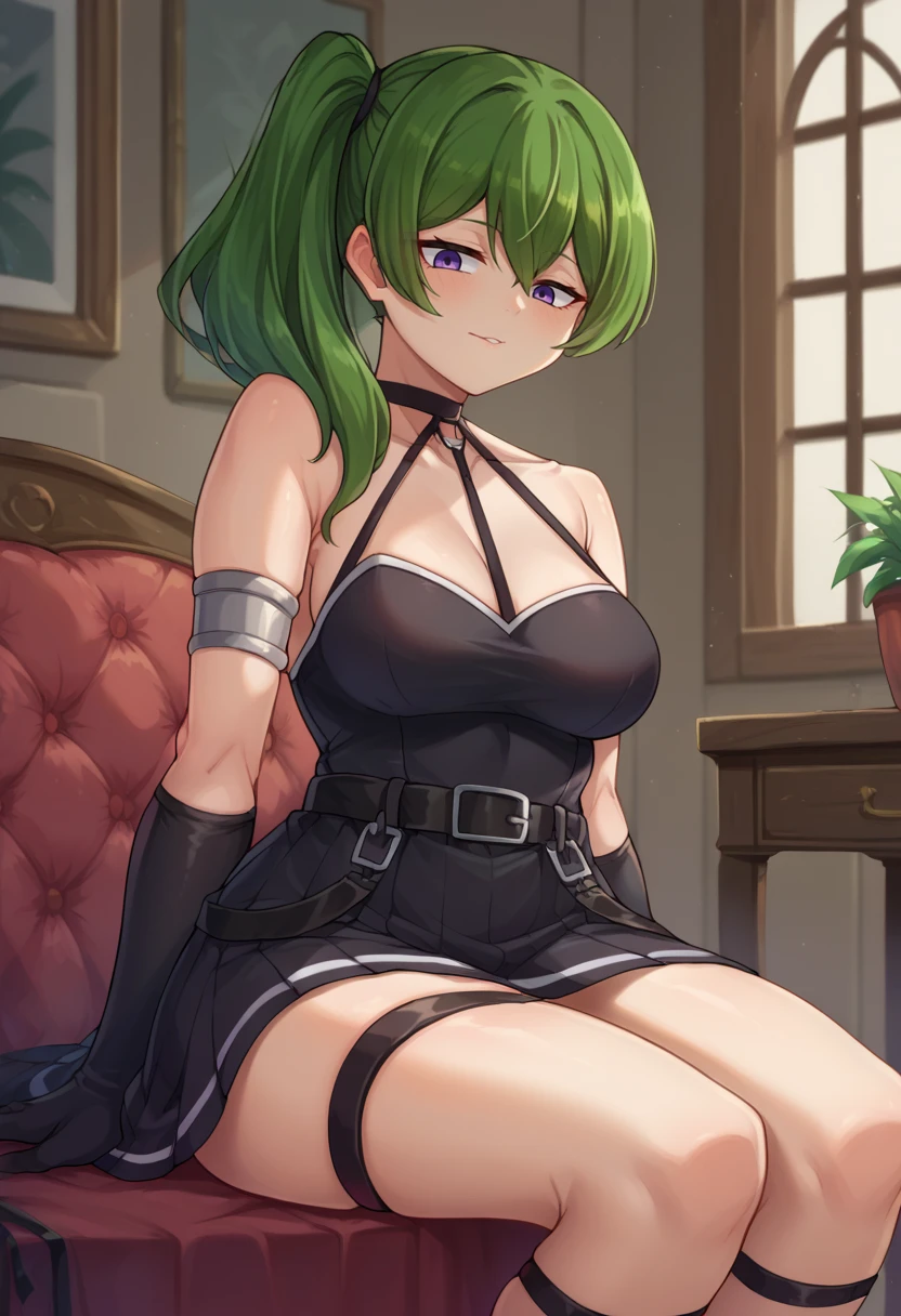 score_9,score_8_up,score_7_up BREAK <lora:ubel:1>,ubelSDXL,1girl,long hair,gloves,dress,bare shoulders,purple eyes,green hair,black gloves,elbow gloves,belt,black dress,side ponytail,thigh strap,cowboy shot,room,room background,sitting,