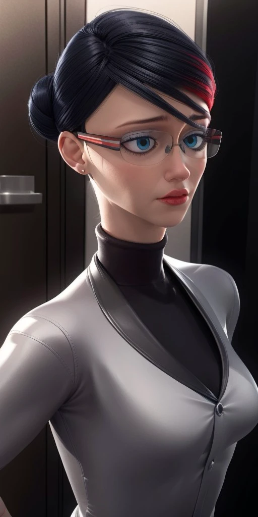 Hyperrealistic, photorealistic, super detailed, black hair with a streak on the left side that is dyed a red color, hair is pulled back into a bun with the hair on top, wrinkles under the eyes, glasses with black and red striped frames, pale blue eyeshadow, body like in real life, large pores, slender, pale skin, beautiful arms, medium breasts, unreal engine, octane render, droped shadow, bokeh, cinematic lighting, <lora:add_detail:0.5>, <lora:Volumetric_lighting:0.6>, Sancoeur, Nathalie, , <lora:23452684-03e9-4974-b01b-afc7ea555a43:0.7>