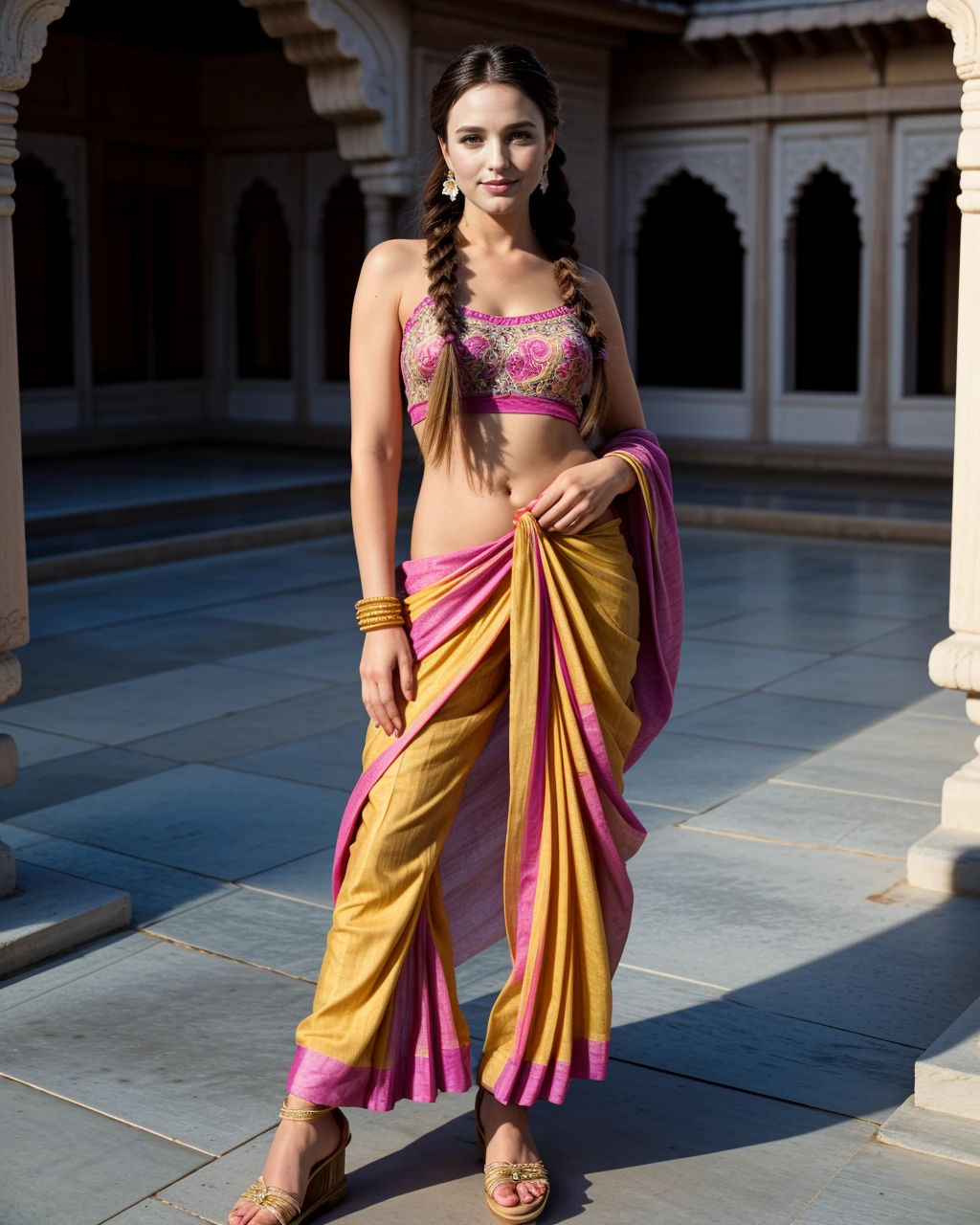Instagram_Influencer_128_By_Stable_Yogi (Wearing a colorful, flowy sari with traditional jewelry and sandals:1.3) (standing in front of a historic Indian palace with ornate architecture:1.3) (hairstyle: long braid adorned with flowers:1.3)
Stable-Yogis-Super-Positive-1.5x
<lora:Detail-Slider-V3-By-Stable_yogi:0.5>
<lora:NOISEOFFSET_BY_STABLE_YOGI:0.5>