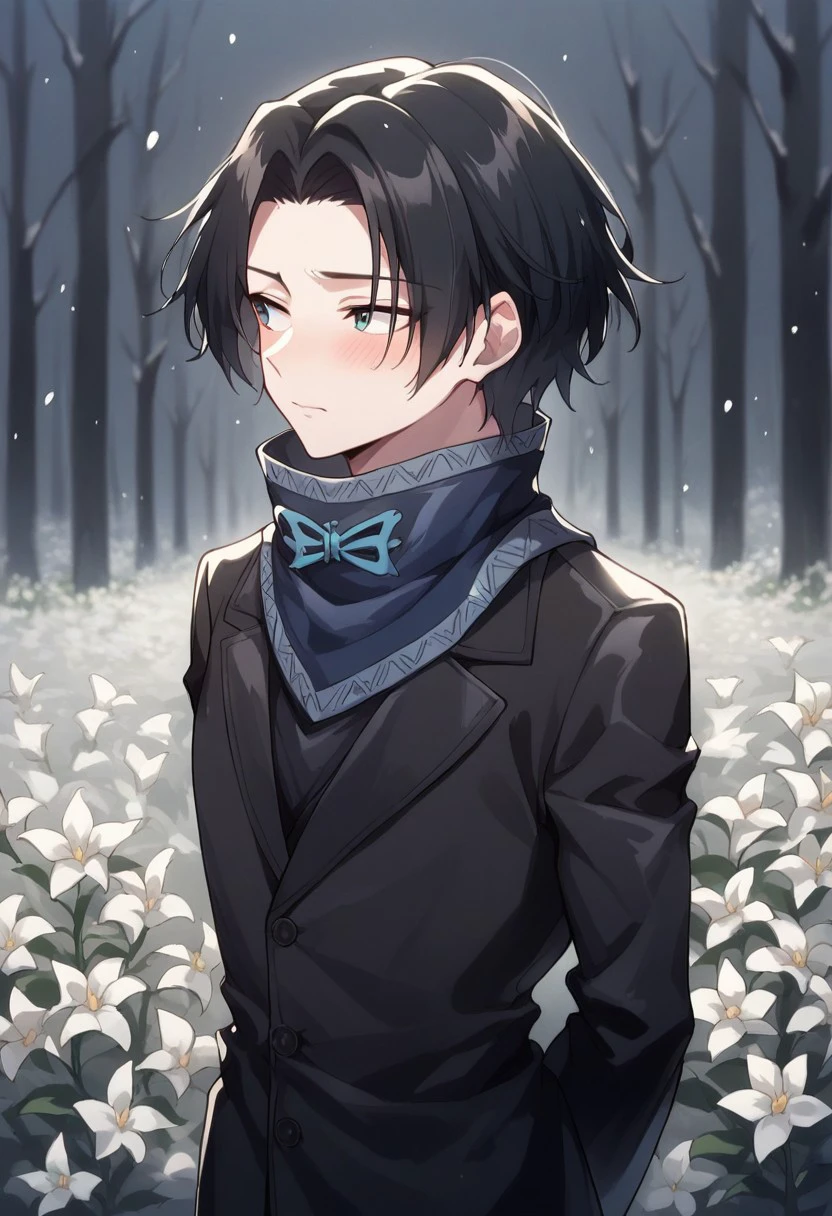 score_9, score_8_up, score_7_up, source_anime, rating_safe, white flowers, Porunter, 1boy, male focus, looking away, blushing, closed mouth, hands behind back, black coat, dark blue scarf, outdoors, snowing,