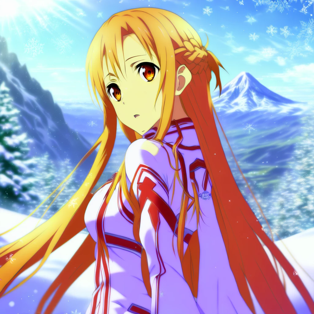 ((asuna)), ((masterpiece)), highres, asuna \(sao\), crown braid, light orange hair, looking at viewer, mountain, dutch-angle, snow, snowflakes