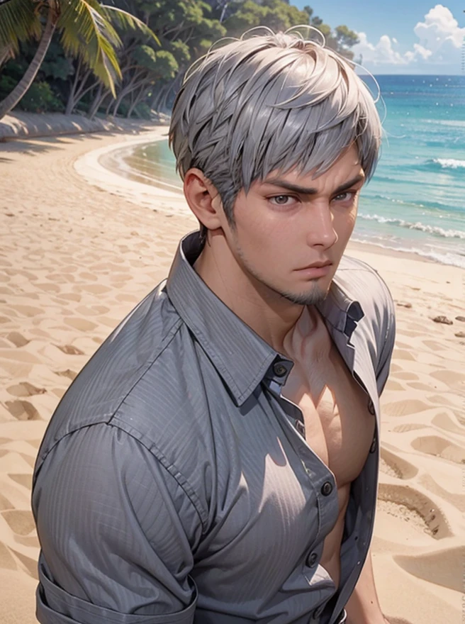 <lora:add_detail:0.25> <lora:ReaLora:0.4> (realistic, game cg:1.3),
outdoors, hawaii beach,
1boy, (mature male, bangs, facial hair, grey hair:1.1),   <lora:KazumaKiryu_LaD-8Ver-000010:0.3>
(standing:1.2), upper body, looking at viewer, muscular male,
turn up collared shirt,