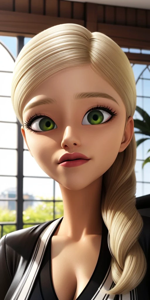 Hyperrealistic, photorealistic, super detailed, blond hair which kept in a side ponytail, upturned green eyes, thin eyebrows, pointy chin, body like in real life, large pores, fair-skinned, beautiful arms, unreal engine, octane render, droped shadow, bokeh, cinematic lighting, Amelie Graham de Vanily, Emilie Agreste, , <lora:ff2c9a34-5dff-4a13-8ade-c0c35d6a79ce:0.7>