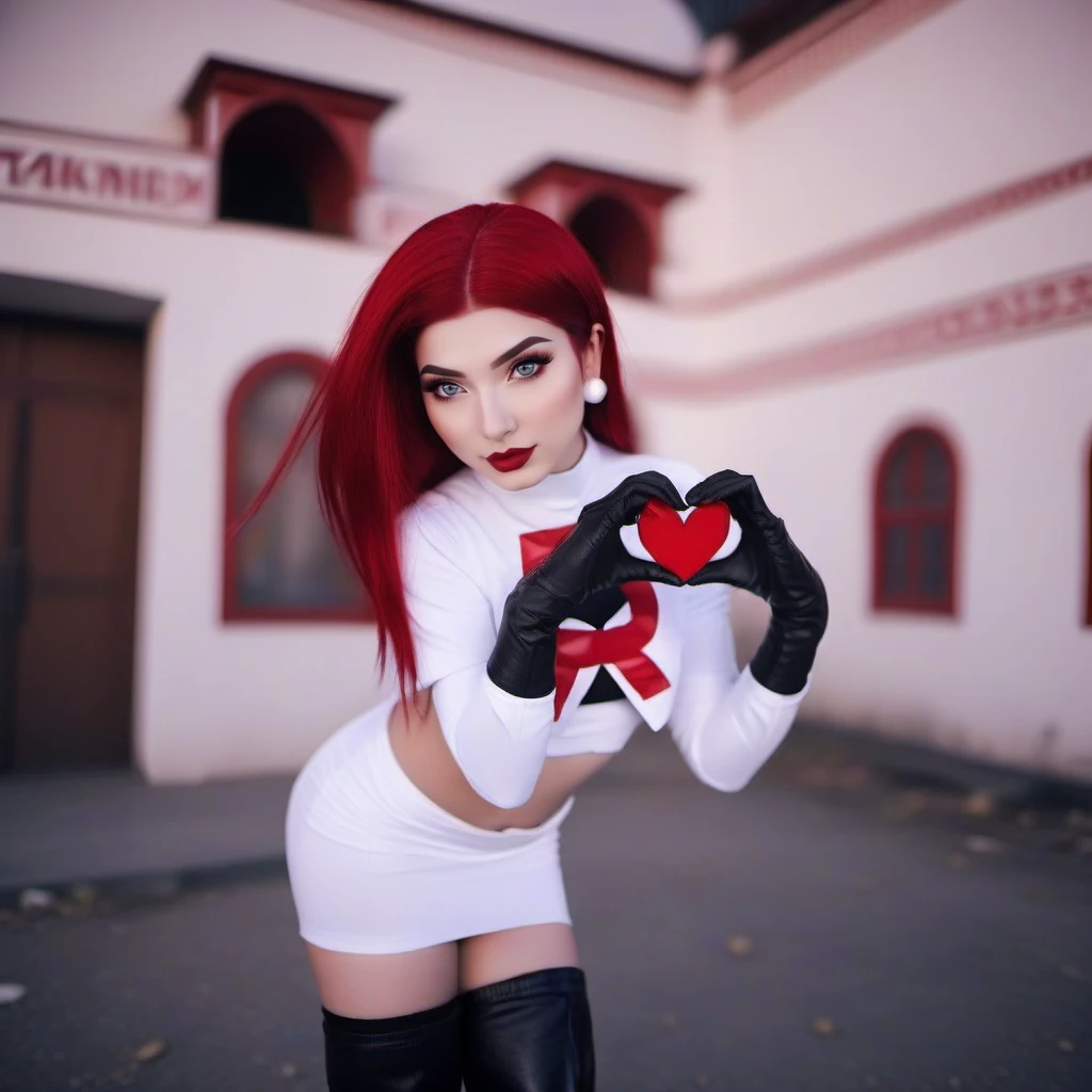 cinematic photo  1girl, team rocket, hair slicked back, red hair, navel, red lipstick, white croptop, white skirt,  thighhighs, high black boots, black elbow gloves,heart sign with hands, ruins background  <lora:Jessie-1024:0.8> . 35mm photograph, film, bokeh, professional, 4k, highly detailed