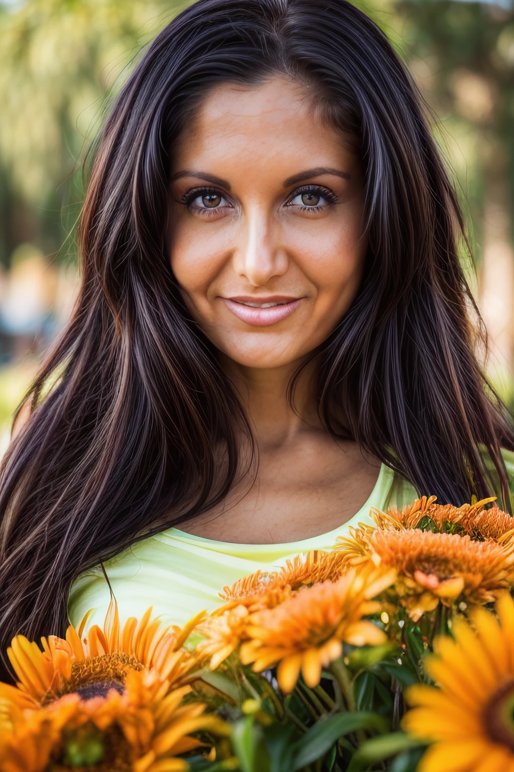 cinematic photo aadd, cinematic photo Cinematic film still of 1girl with very long black hair, with sun-inspired macroscopic patterns. Bright hazel eyes. Highlight concentric circles, radiating sunbeams, and floral patterns in her clothing and background, using a summery palette of warm yellows, oranges, and soft greens. smiling. Aim for a serene expression and warm, diffused lighting to emphasize the delicate sun-inspired textures. Cinematic photorealistic, 8k UHD natural lighting, raw, rich, intricate details, key visual, atmospheric lighting, 35mm photograph, film, bokeh, professional, 4k, highly detailed. Shallow depth of field, vignette, highly detailed, high budget, bokeh, cinemascope, vibrant, epic, gorgeous, film grain, grainy., cinematic photorealistic, 8k uhd natural lighting, raw, rich, intricate details, key visual, atmospheric lighting