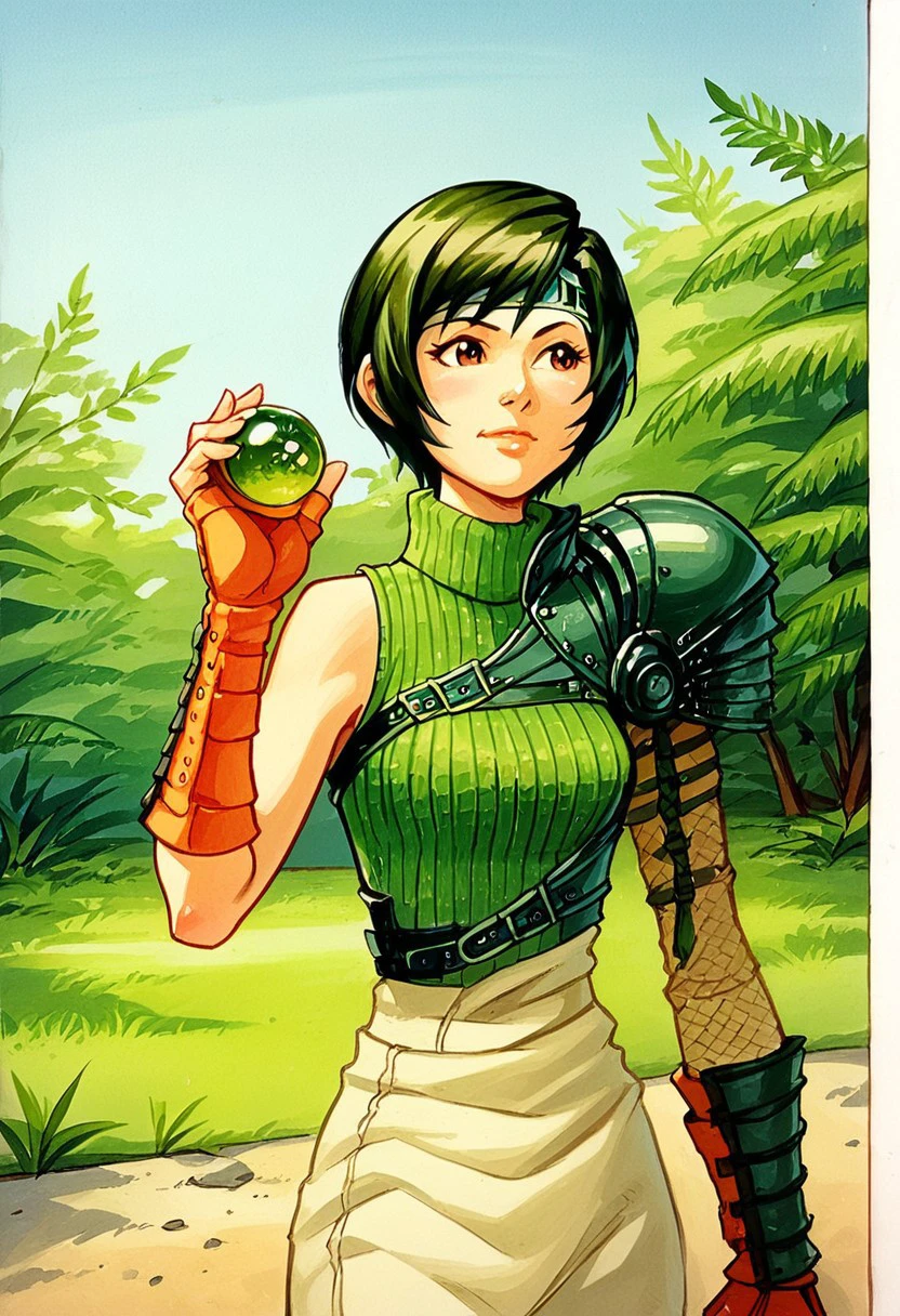 Traditional media,bpbbarb ,score_9, score_8_up, score_7_up, score_6_up, ,1girl, solo , yuffie,outdoors,, cowboy shot, sleeveless turtleneck, armor, holding materia orb