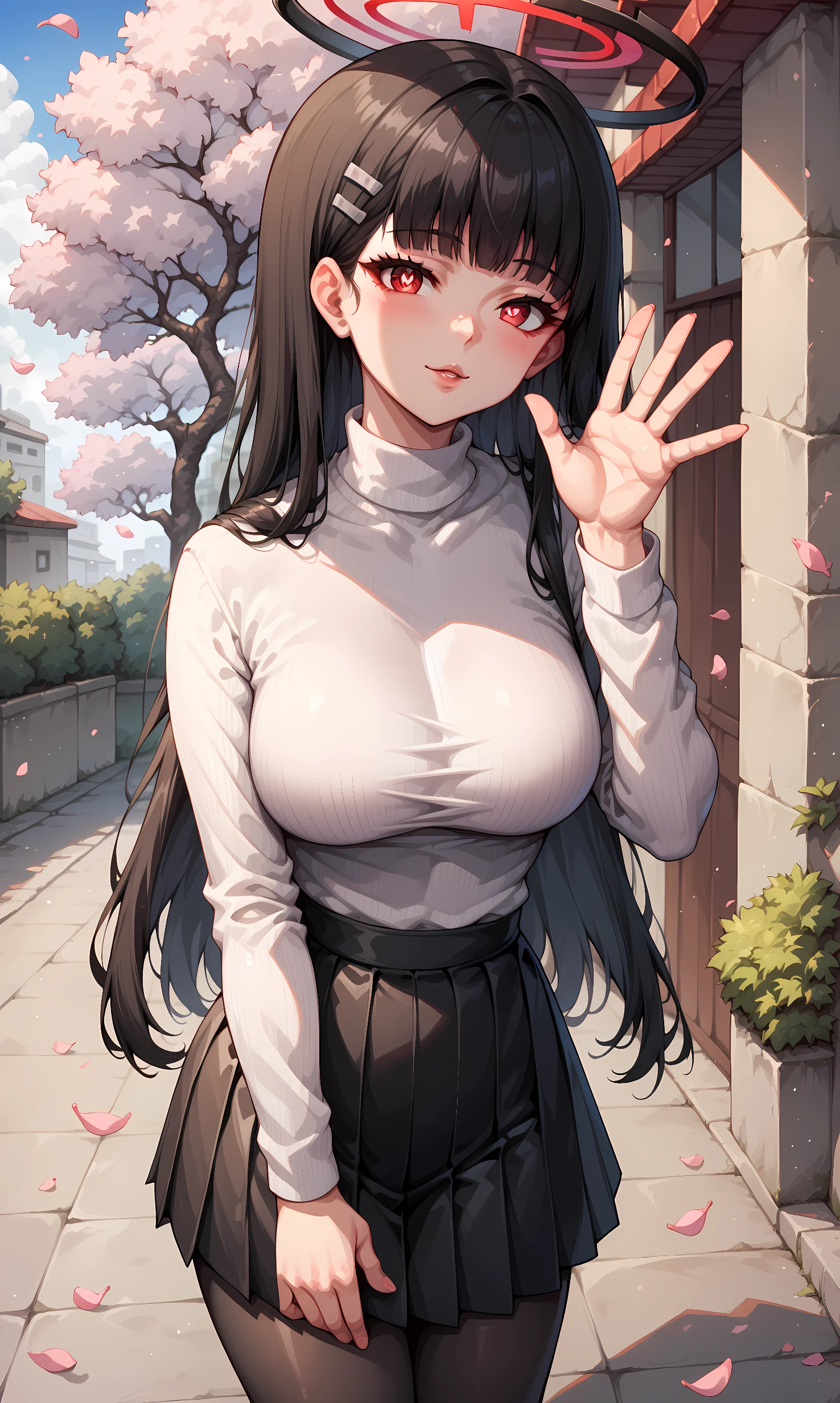 score_9, score_8_up, score_7_up, score_6_up, score_5_up, score_4_up, BREAK source_anime, 1girl, solo, outdoors, street, cherry blossoms, cowboy shot, standing, looking at viewer, rio, red eyes, bright pupils, black hair, very long hair, blunt bangs, hairclip, halo, white sweater, turtleneck, long sleeves, black skirt, pleated skirt, black pantyhose, waving