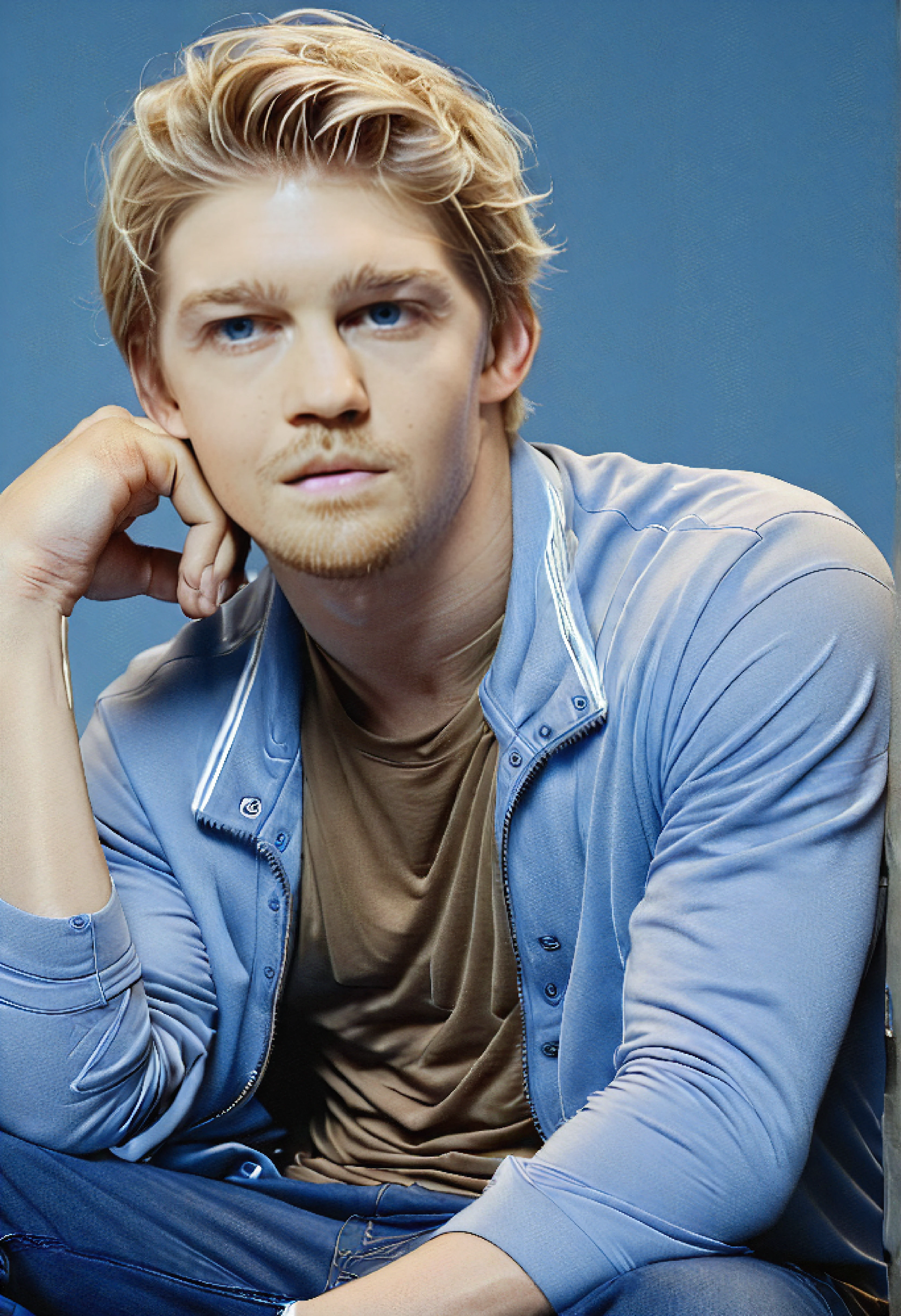 <ckpt:ZavyChroma.safetensors>, <ckpt:Fluently.safetensors>, <lora:JoeAlwyn.safetensors:1.2>, Photograph of Joe Alwyn, J034lwyn, blonde hair, blue eyes, sitting, leaning on hand, Raw photo, Canon EOS R3