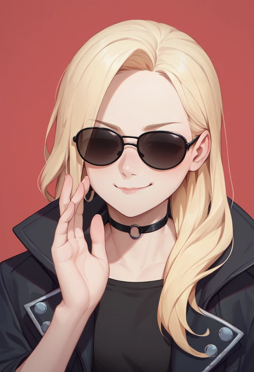 score_9, score_8_up, score_7_up, whispering, hand up, <lora:WhisperingPOV_pdxl_Incrs_v1:1>, 1girl, blush, smile, upper body, blonde hair, long hair, sunglasses, black choker, black jacket, smirk, tinted eyewear, no eyes,