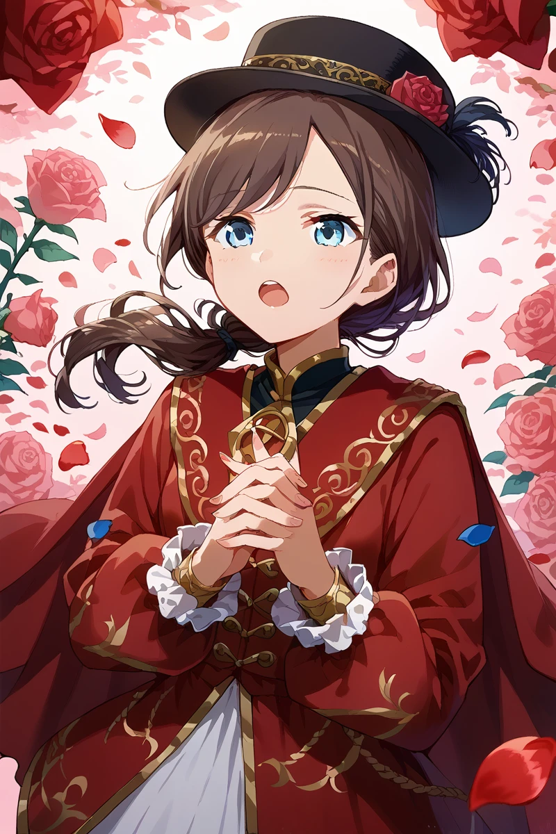 score_9, score_8_up, score_7_up, score_6_up, 1girl,
 <lora:Koharu_Yanagi:0.8> koharu, blue eyes, solo, petals, hat, low ponytail, open mouth, ponytail, long hair, rose, rose petals, long sleeves, brown hair, cape, hands together, romeo