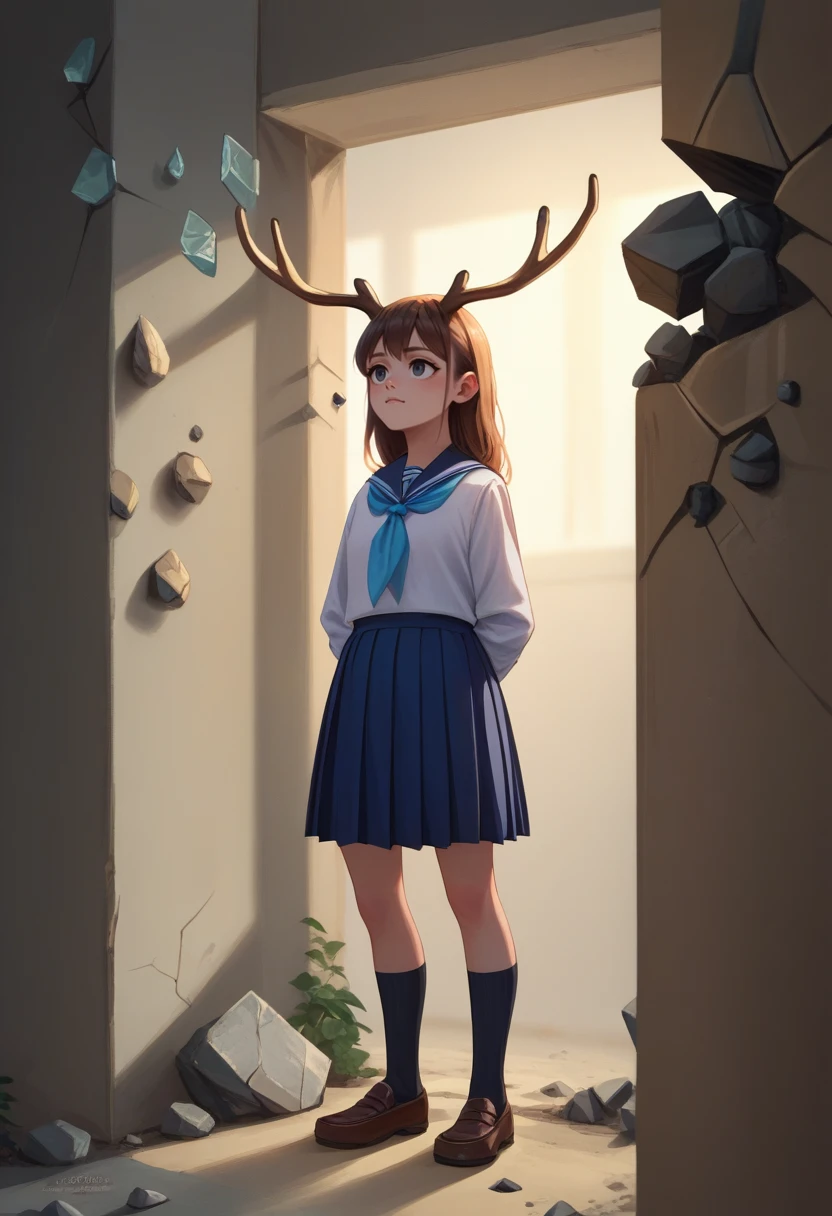 score_9, score_8_up, score_7_up, NokotanEnteringClassroom, broken wall, stone, <lora:NokotanEnteringClassroomMeme_pdxl_Incrs_v1:1>, 1girl, antlers, school uniform,