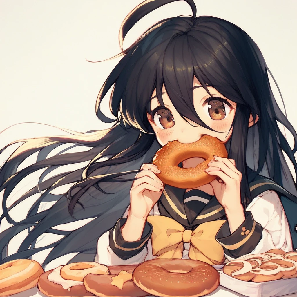 score_9, score_8_up, score_7_up, score_6_up, Shana, 1girl,  solo, long hair, blush, black hair, bow, brown eyes, school uniform, ahoge, food, serafuku, eating, mouth hold, yellow bow, food in mouth, bread, doughnut, cookie, shana, sensitive