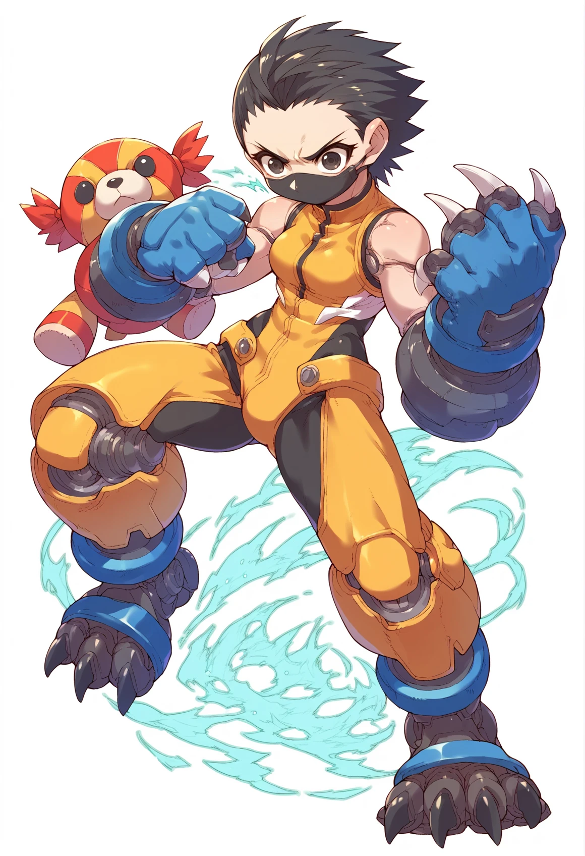 1girl, solo, wolverine, claws, yellow bodysuit, sleeveless, blue gloves, black mask, fighting stance, white background, simple background, black hair, armored bodysuit, doll joints <lora:nakayama_tooru_XL:1>, score_9, score_8_up, score_7_up, score_6_up, score_5_up, score_4_up, BREAK source_anime, masterpiece