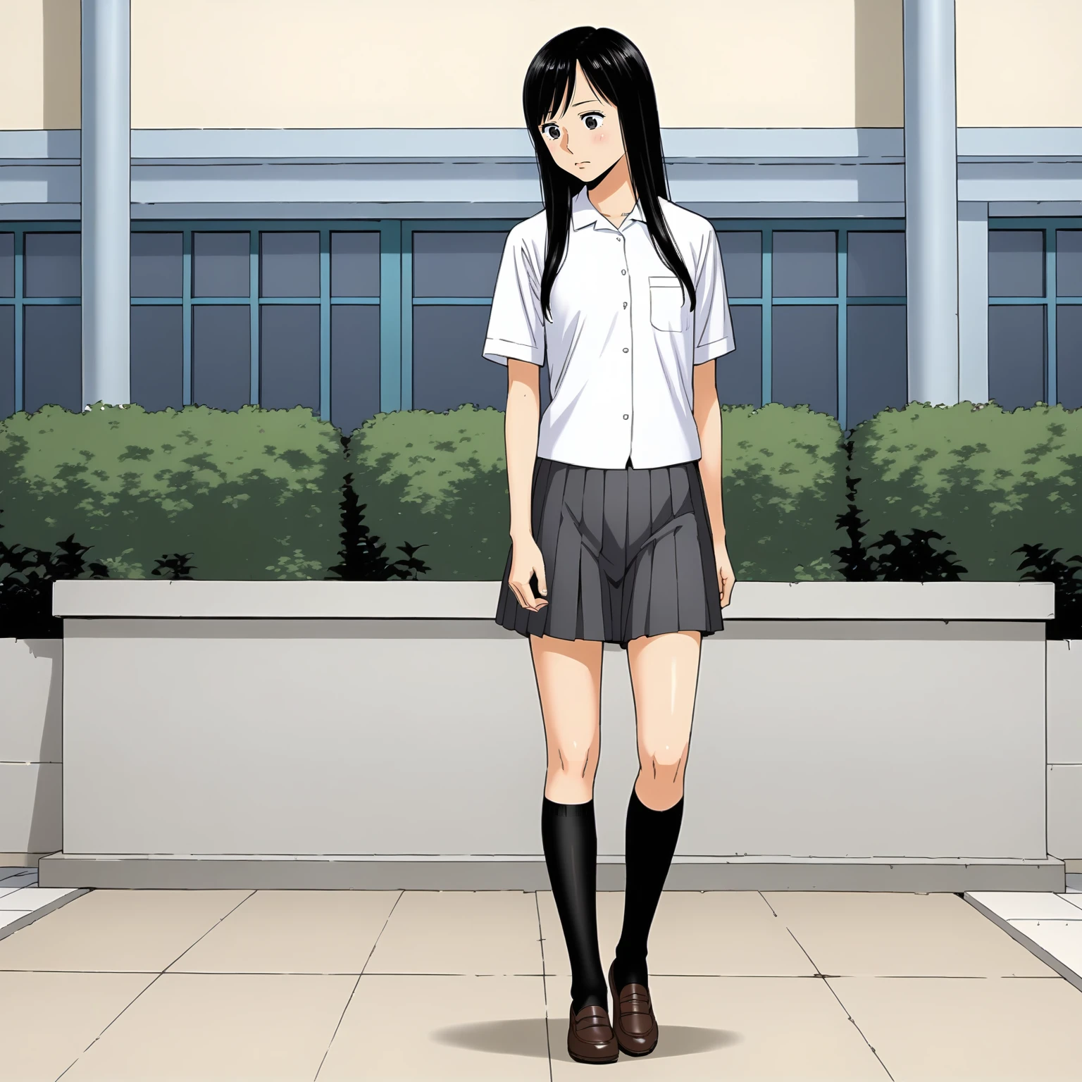 <lora:KZ_RihoIidaXLpony002>,
solo,
RihoIida,1girl,black hair,long hair,black eyes,
dress_shirt,short_sleeves,
pleated_skirt,
black socks,knee length socks,
outdoors,
full body,standing,