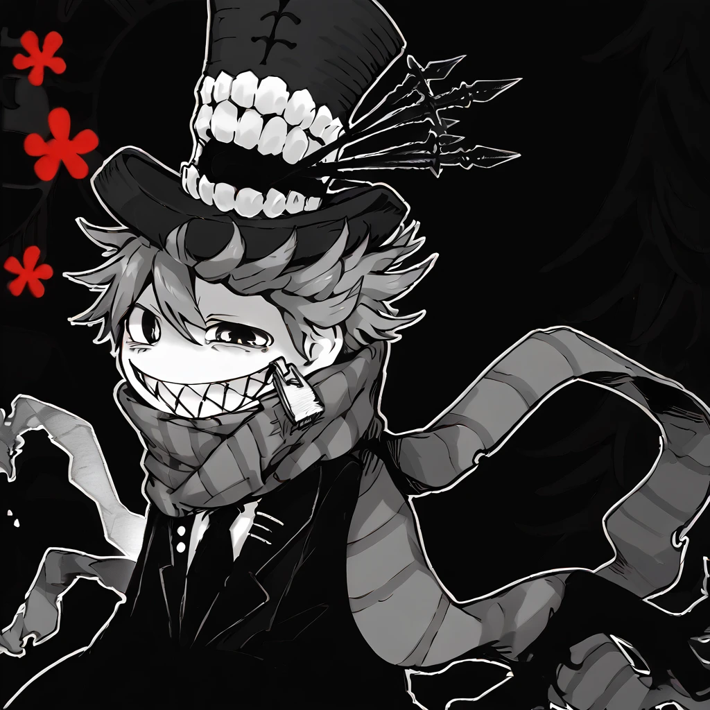 <lora:Happy_Heroine_Sniper:1> teeth, hat, sharp teeth, grin, scarf, top hat, monochrome, striped scarf, (black eyes:1.5)