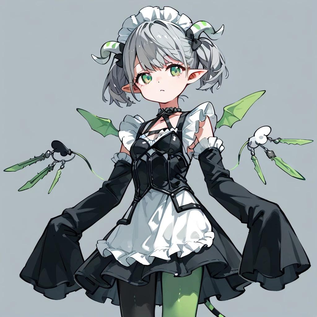 score_9, score_8_up, score_7_up, score_6_up, score_5_up, score_4_up, simple background, 
1girl, solo, arianna, grey hair, short twintails, green eyes, horns, mini wings, pantyhose, sleeves past wrists, maid headdress, pointy ears, 
 <lora:arianna_pony_v1:0.7>