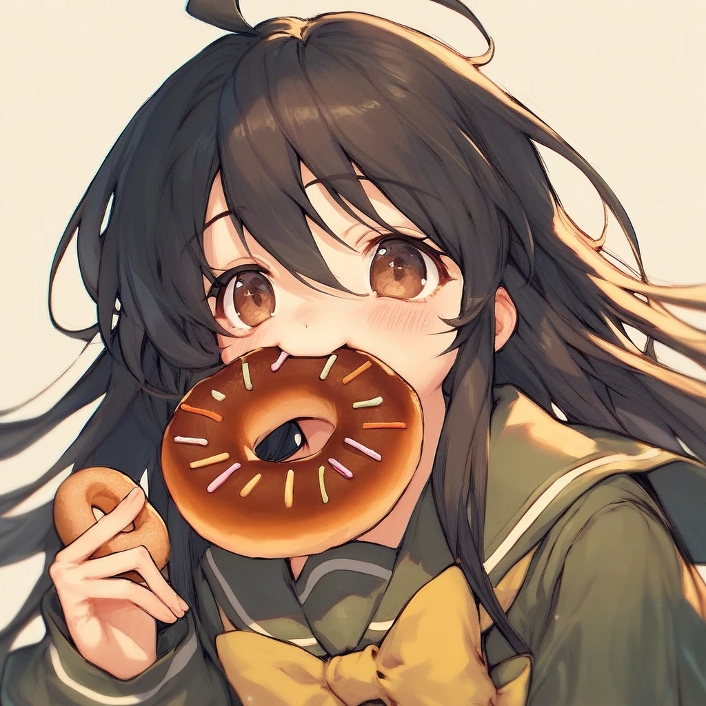 score_9, score_8_up, score_7_up, score_6_up, Shana, 1girl,  solo, long hair, blush, black hair, bow, brown eyes, school uniform, ahoge, food, serafuku, eating, mouth hold, yellow bow, food in mouth, bread, doughnut, cookie, shana, sensitive