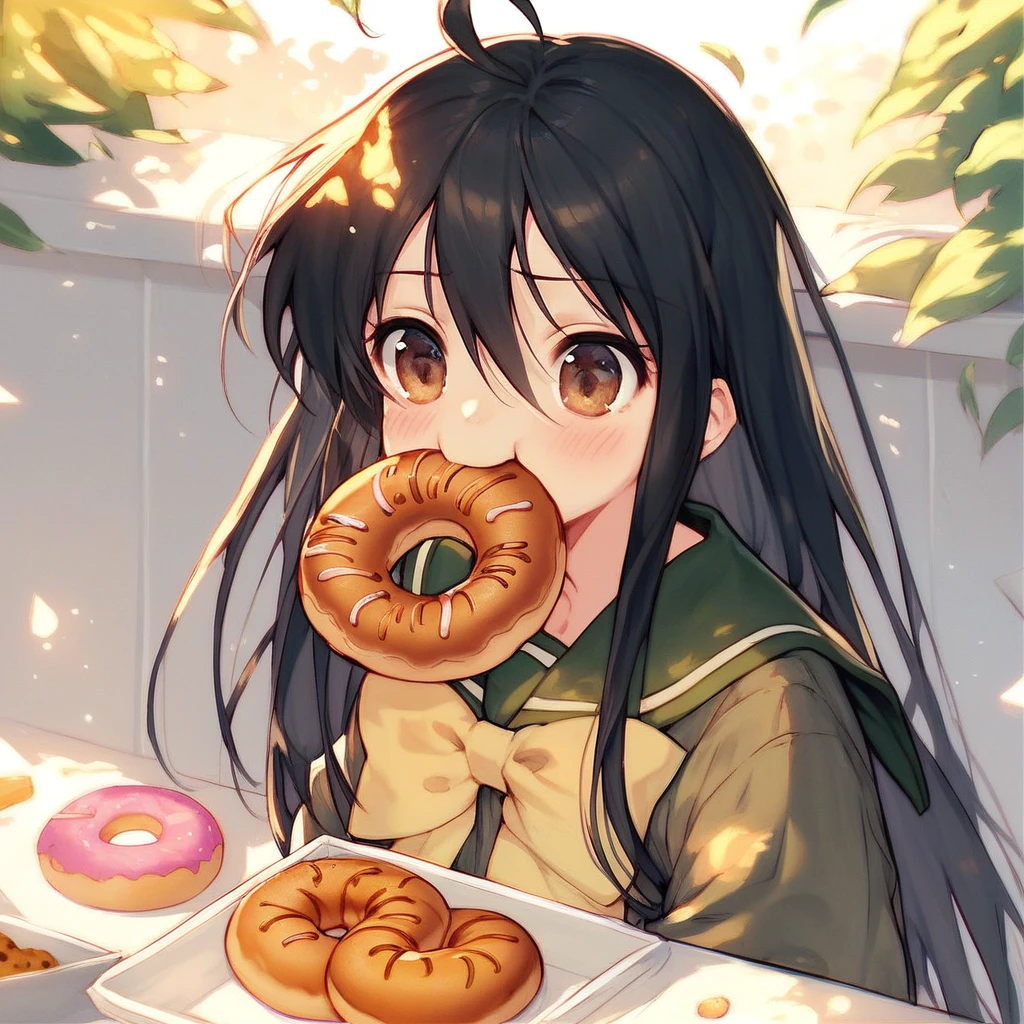 score_9, score_8_up, score_7_up, score_6_up, Shana, 1girl,  solo, long hair, blush, black hair, bow, brown eyes, school uniform, ahoge, food, serafuku, eating, mouth hold, yellow bow, food in mouth, bread, doughnut, cookie, shana, sensitive