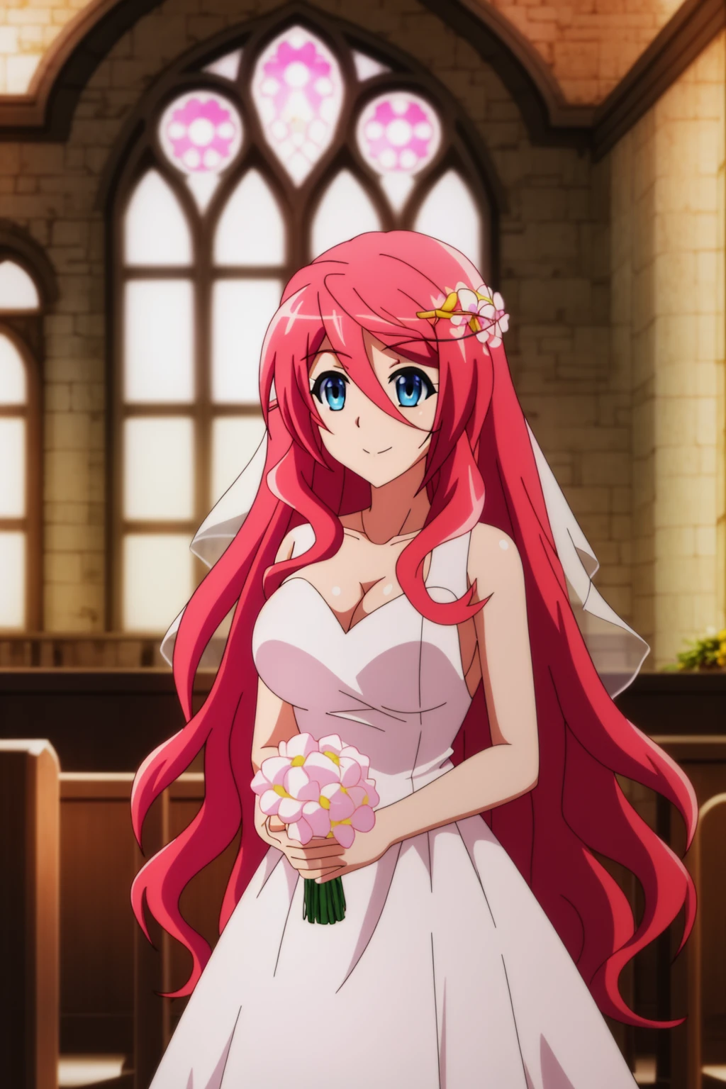 sysdeep_saria, 1girl, solo, long_hair, breasts, blue_eyes, large_breasts, hair_between_eyes, pink_hair, red_hair, indoors, church, wedding, wedding_dress, holding_flowers, happy