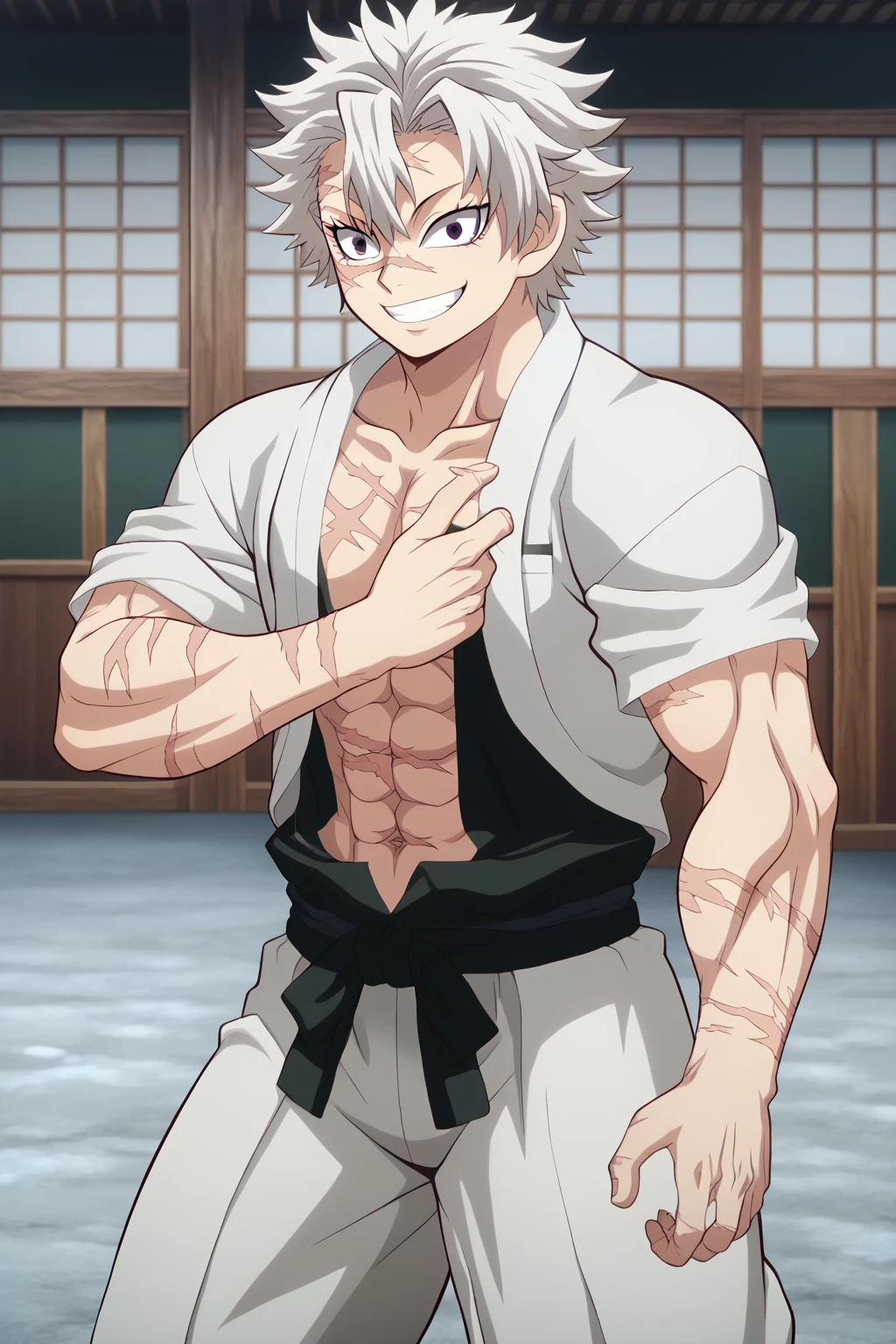<lora:SlimesSanemi:1>, slimes_sanemi, muscular, scars, evil smile, waist up shot, dojo background