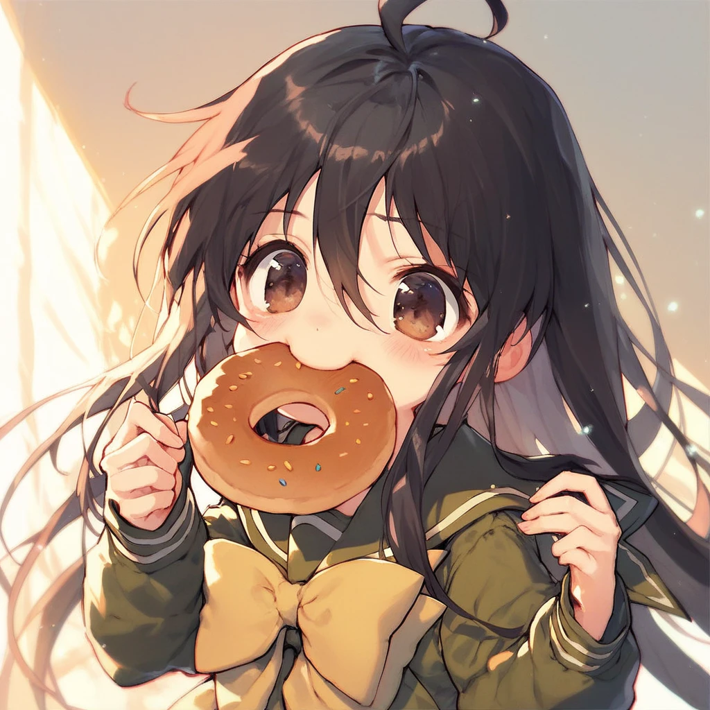 score_9, score_8_up, score_7_up, score_6_up, Shana, 1girl,  solo, long hair, blush, black hair, bow, brown eyes, school uniform, ahoge, food, serafuku, eating, mouth hold, yellow bow, food in mouth, bread, doughnut, cookie, shana, sensitive