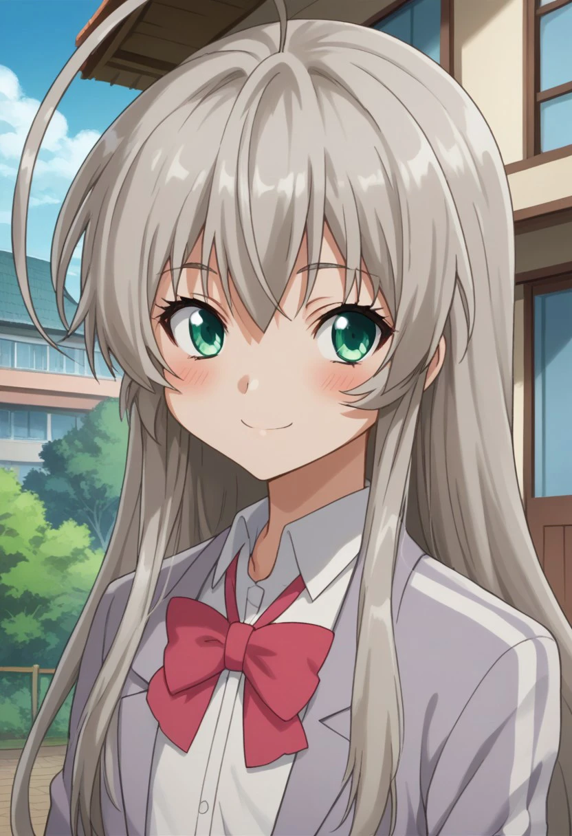 score_9, score_8_up, score_7_up, source_anime, highly detailed, 
Nyaruko, 1girl, grey hair, green eyes, smile, ahoge, huge ahoge, long hair, solo, school uniform, blush, bow, red bow, upper body,
indoor, house, japan, smile