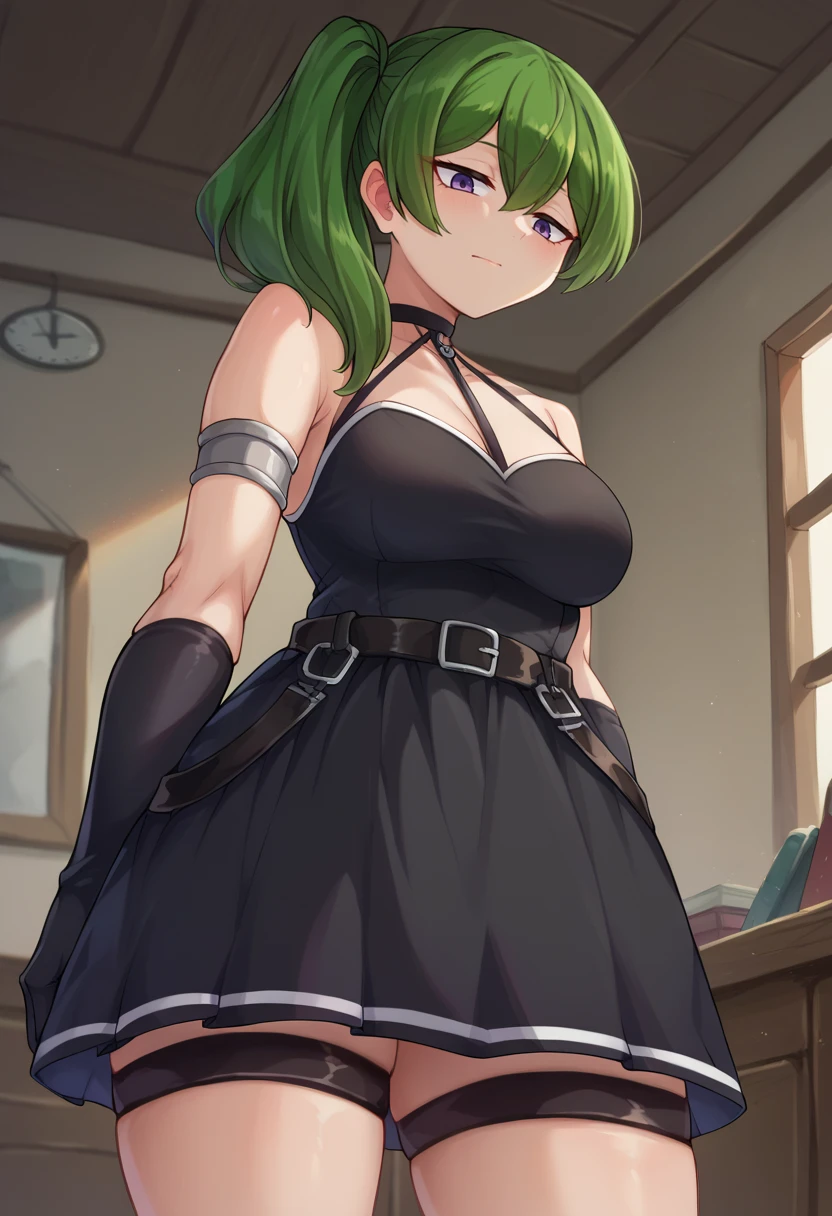 score_9,score_8_up,score_7_up BREAK <lora:ubel:1>,ubelSDXL,1girl,long hair,gloves,dress,bare shoulders,purple eyes,green hair,black gloves,elbow gloves,belt,black dress,side ponytail,thigh strap,cowboy shot,room,room background,from below,