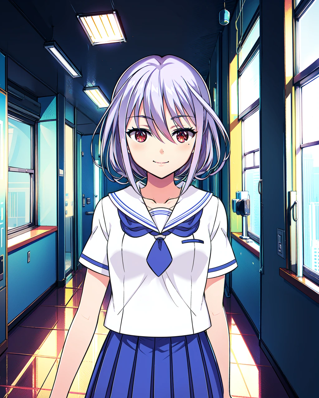 masterpiece, high quality, pmmmamanosuzune, 1girl, upper body, medium shot, red eyes, grey hair, looking at viewer, ponytail, white with blue shirt, blue pleated skirt, blue tie, hands behind back, light smile, indoors, corridor, evening, <lora:pmmmamanosuzune:0.8>