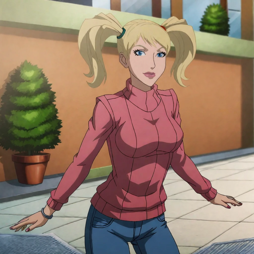 <lora:harleyquinnassault_pony_v1:.9> harleyquinnclothes, 1girl, twintails, blonde hair, blue eyes,  makeup, breasts, sweater, jeans