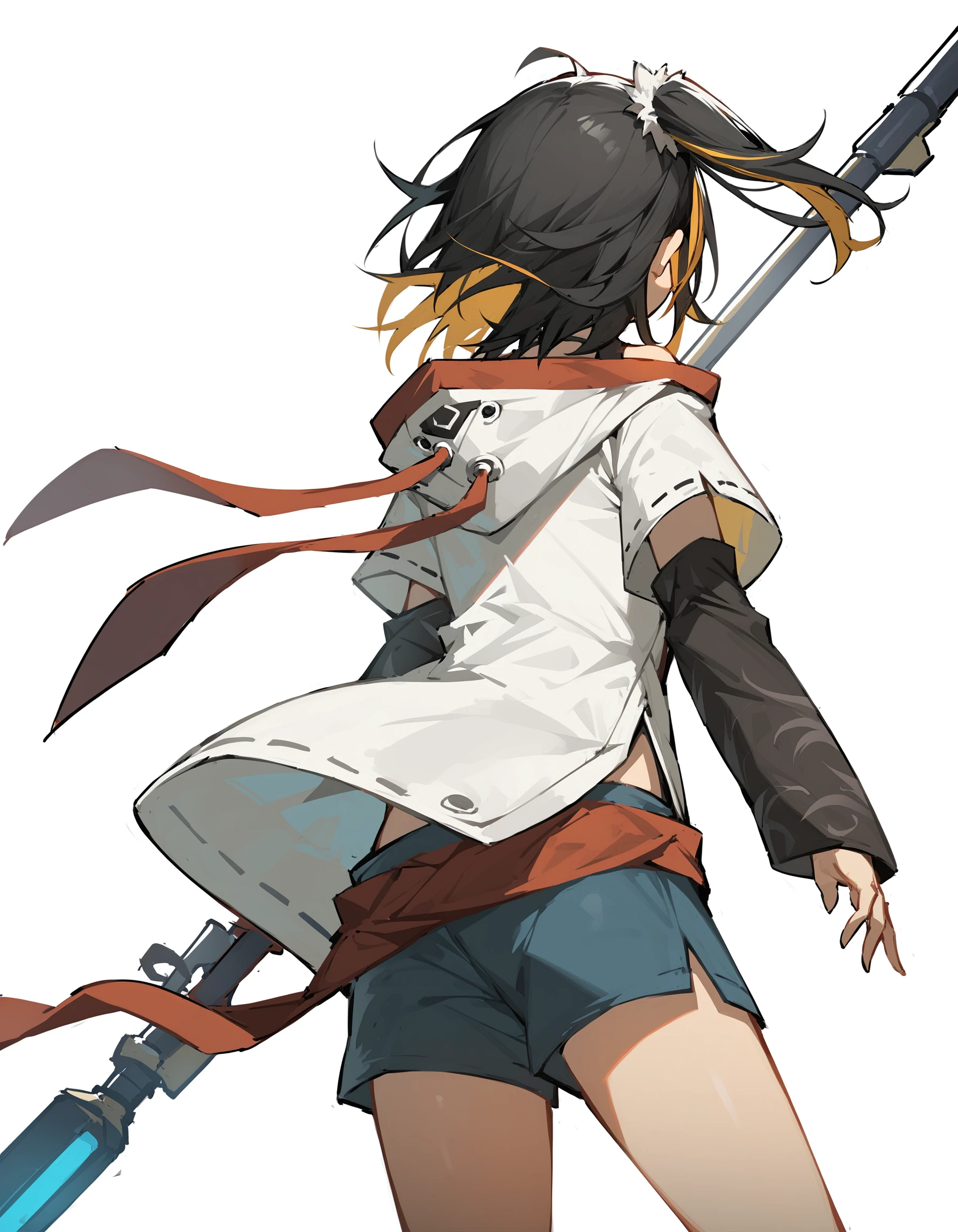 score_9,score_8_up,score_7_up,
<lora:naina_pony:0.8>,anotherstyle,naina,1girl,solo,black hair,white background,from behind,holding,weapon,shorts,jacket,hood,multicolored hair,simple background,streaked hair,one side up,holding weapon,short hair,short over long sleeves,layered sleeves,