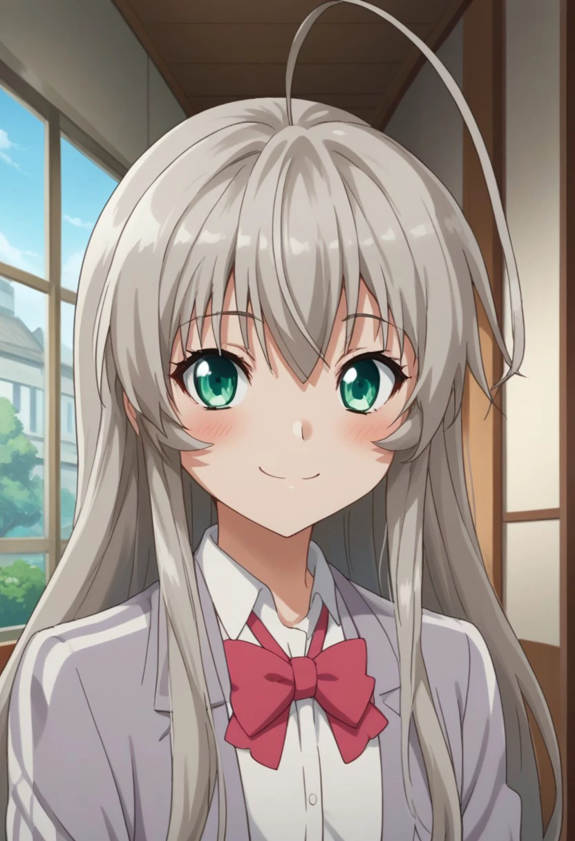 score_9, score_8_up, score_7_up, source_anime, highly detailed, 
Nyaruko, 1girl, grey hair, green eyes, smile, ahoge, huge ahoge, long hair, solo, school uniform, blush, bow, red bow, upper body,
indoor, house, japan, smile