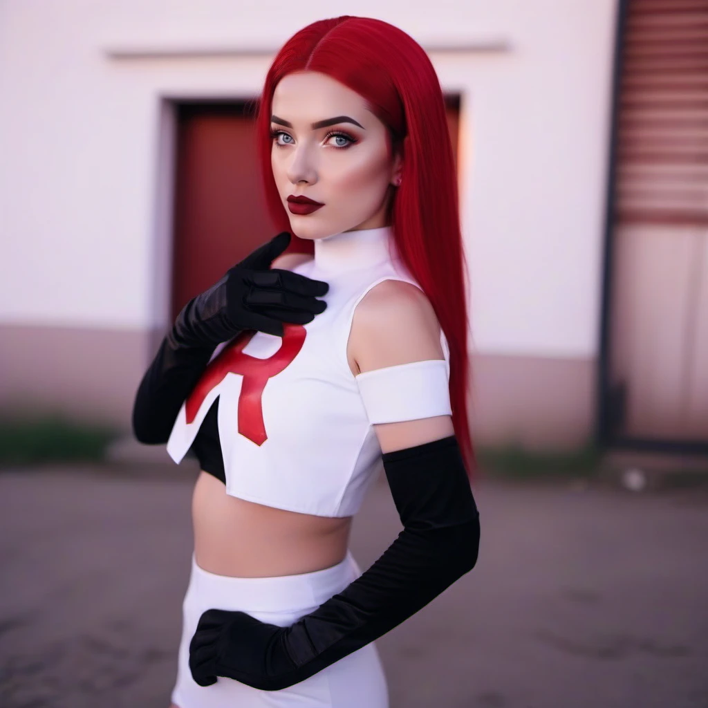 cinematic photo  1girl, team rocket, hair slicked back, red hair, navel, red lipstick, white croptop, white skirt,  thighhighs, high black boots, black gloves, ruins background  <lora:Jessie-1024:0.8> . 35mm photograph, film, bokeh, professional, 4k, highly detailed