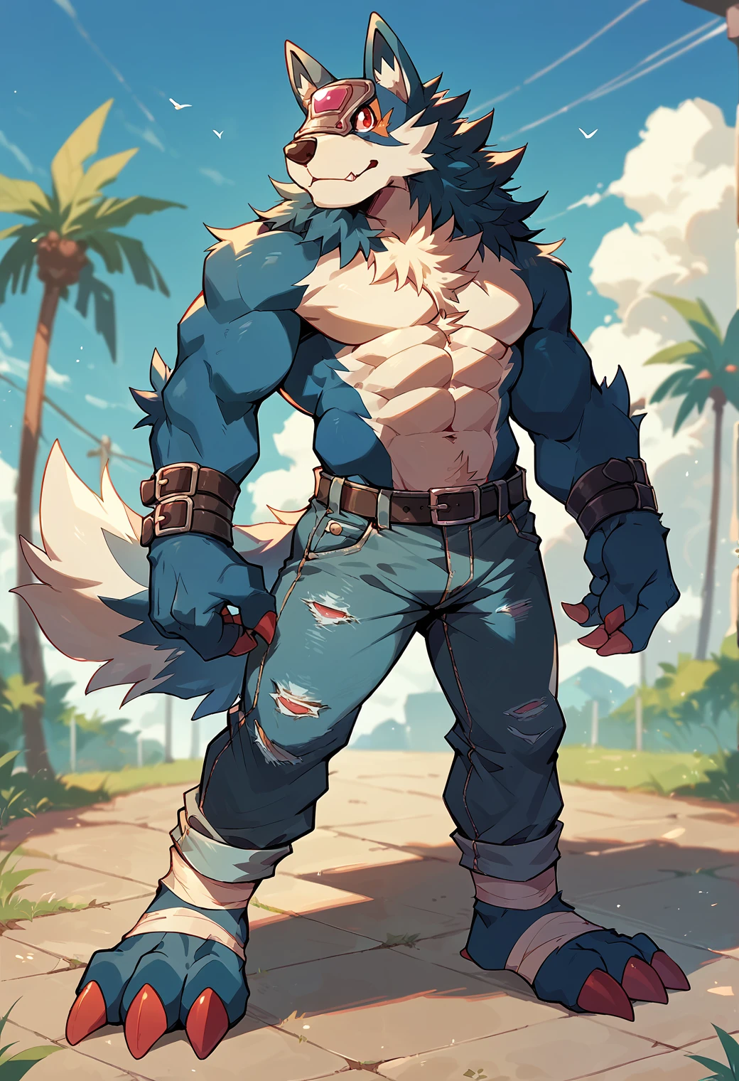 score_9, score_8_up, score_7_up, score_6_up, source_furry, solo, dof, full-length portrait, blurred background, <lora:DIGIMON_LOOGAMON:0.8> loogamon, canine, digimon (creature), anthro, muscular, denim jeans, bare chest, blue body