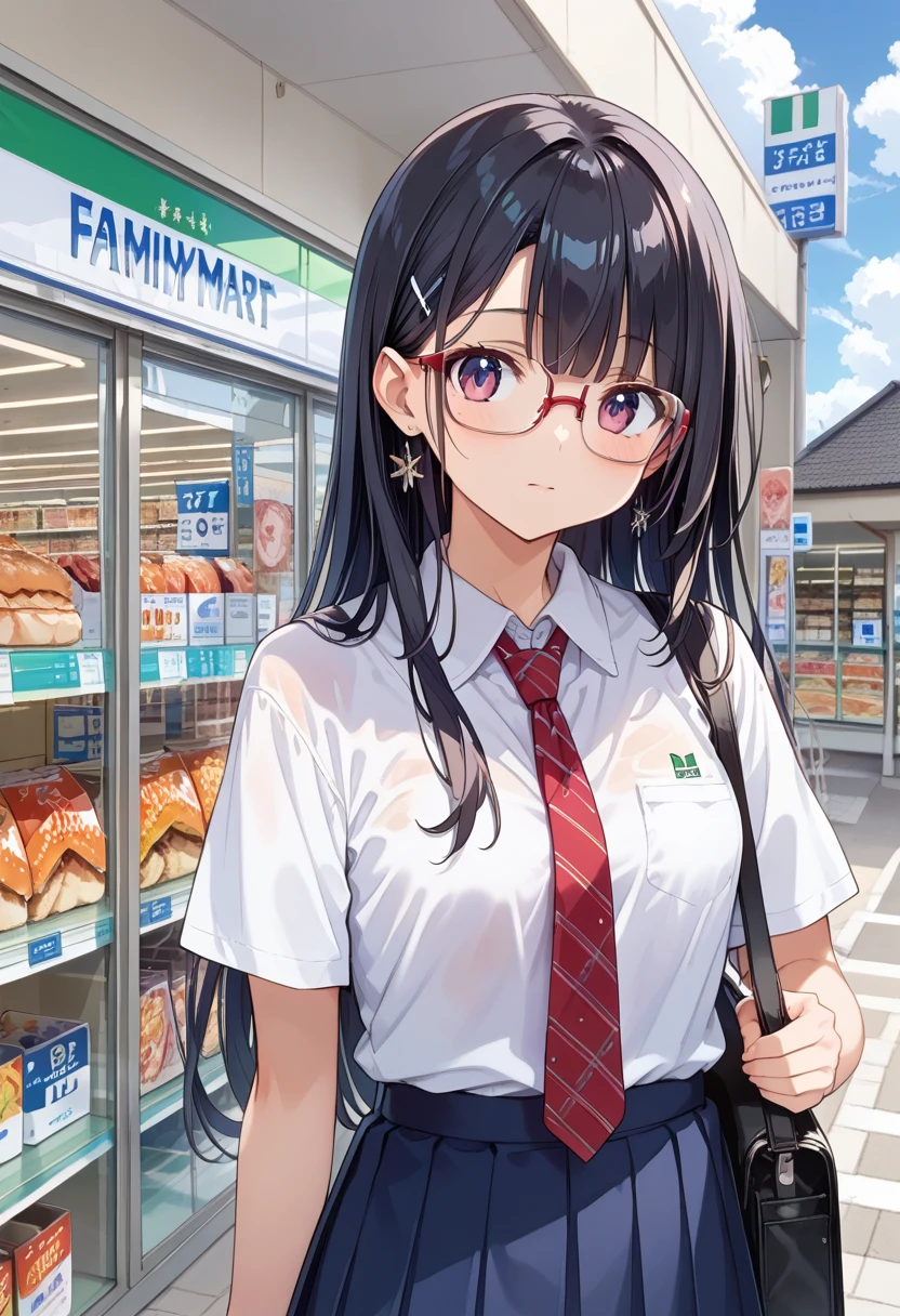 score_9, score_8_up, score_7_up, rating_safe, masterpiece, best quality, absurdres, unity 8k wallpaper, official art, official style, source_anime, uncensored, game cg, megami magazine,
1girl, solo, glasses, black hair, long hair,  collared shirt, red necktie, pleated skirt, blue skirt, looking at viewer, blush, upper body,
famima, konbini, scenery, storefront, shop, convenience store, scenery, sky, sign, blue sky, outdoors, day, building, window, japan
 <lora:famima_storefront_PONY_V1:1>