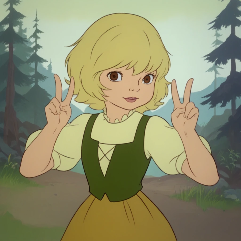 score_8_up, BREAK, heidi, 1girl, solo, blonde hair, short hair, brown eyes, dress, short sleeves, puffy sleeves, cowboy shot, double v, <lora:heidi_Song1982_PXL_Leaf1:1>, outdoors, forest, looking at viewer,