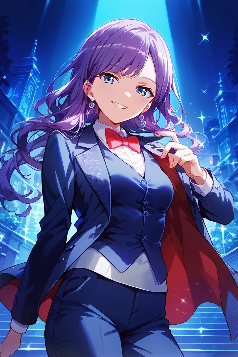 score_9, score_8_up, score_7_up, score_6_up, 1girl,
 <lora:Koharu_Yanagi:0.9> koharu, blue eyes, solo, long hair, bow, bowtie, formal, pants, looking at viewer, suit, jewelry, smile, purple hair, earrings, delight