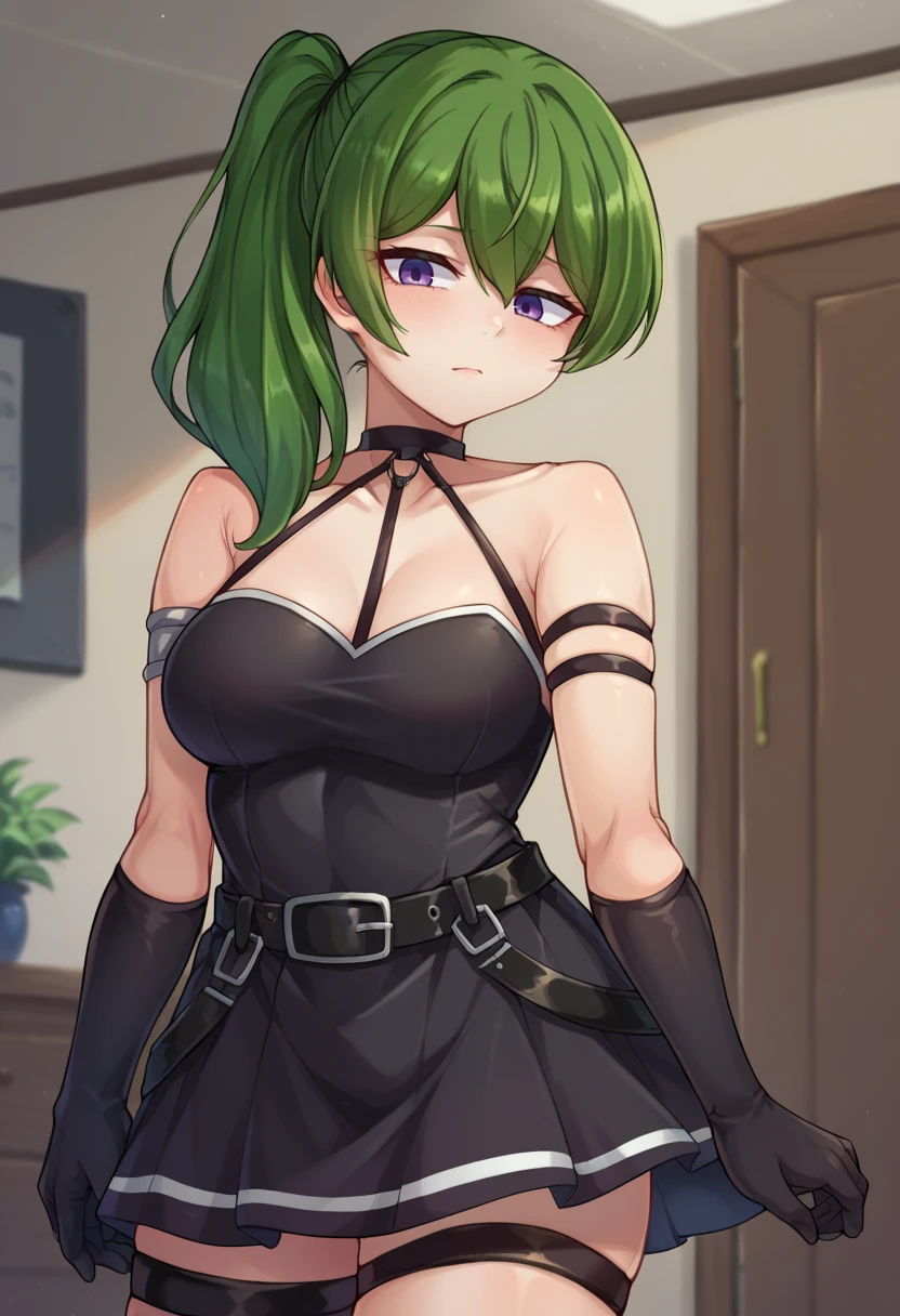 score_9,score_8_up,score_7_up BREAK <lora:ubel:1>,ubelSDXL,1girl,long hair,gloves,dress,bare shoulders,purple eyes,green hair,black gloves,elbow gloves,belt,black dress,side ponytail,thigh strap,cowboy shot,room,room background,