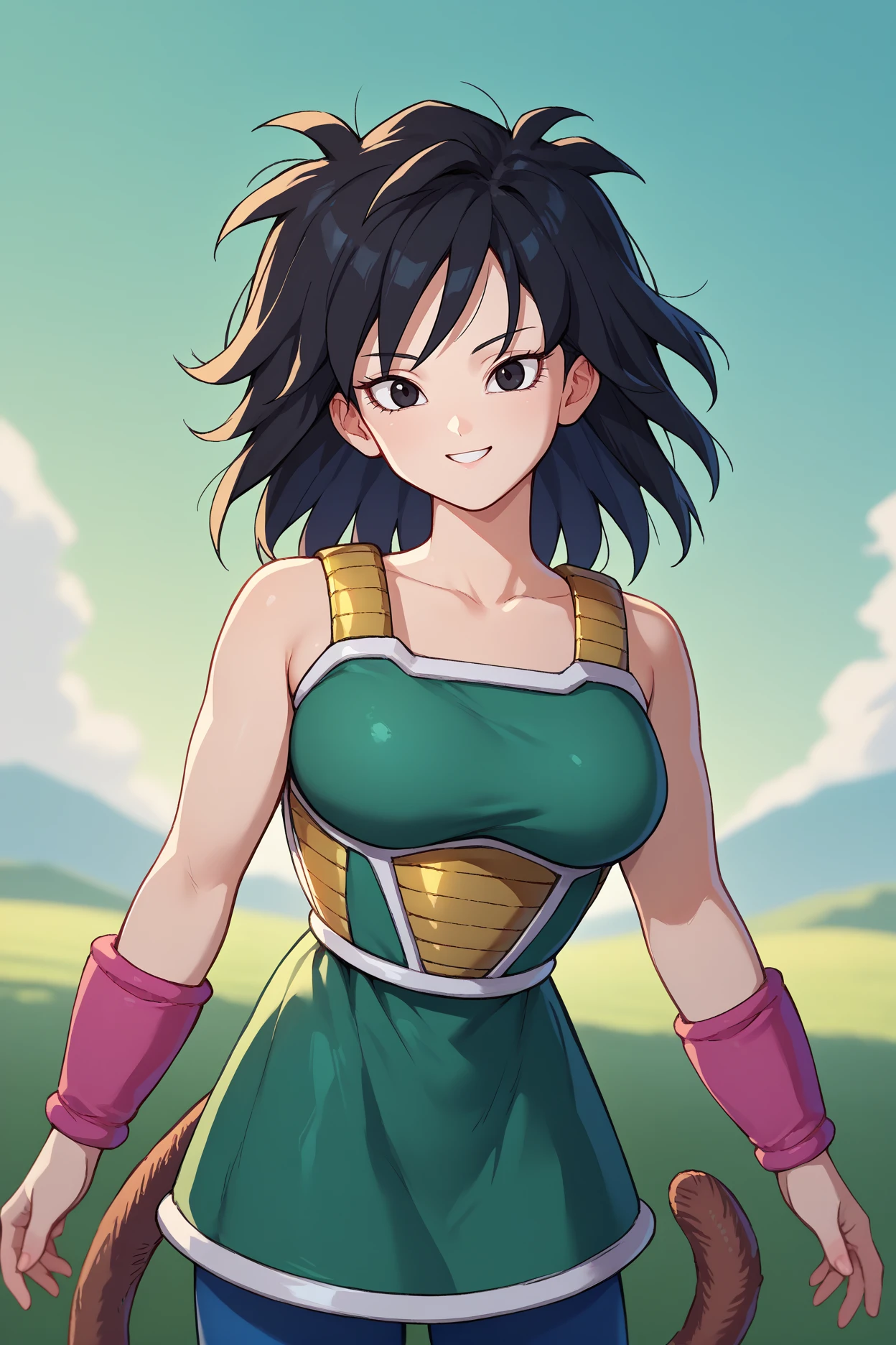 score_9, score_8_up, score_7_up, score_6_up, source_anime, 1girl, solo, <lora:gine-pdxl-nvwls-v1-000006:1> gine, black hair, black eyes, green dress, armored dress, bare shoulders, sleeveless, green skirt, pink wristbands, blue leggings, monkey tail, looking at you, smile, big breasts, green sky, field, upper body