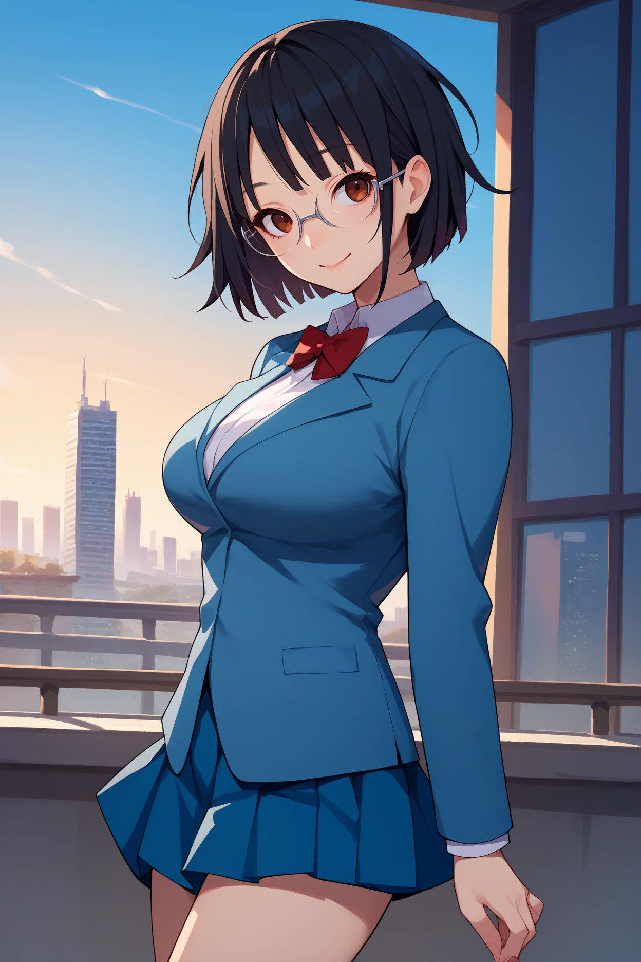 score_9, score_8_up, score_7_up, score_6_up, source_anime, 1girl, solo, <lora:sonoharaanri-pdxl-nvwls-v1-000006:1> anri, black hair, short hair, bob cut, brown eyes, glasses, blue blazer, red bowtie, collared shirt, dark blue skirt, pleated skirt, big breasts, looking at you, smile, upper body, thighs, blue sky, city