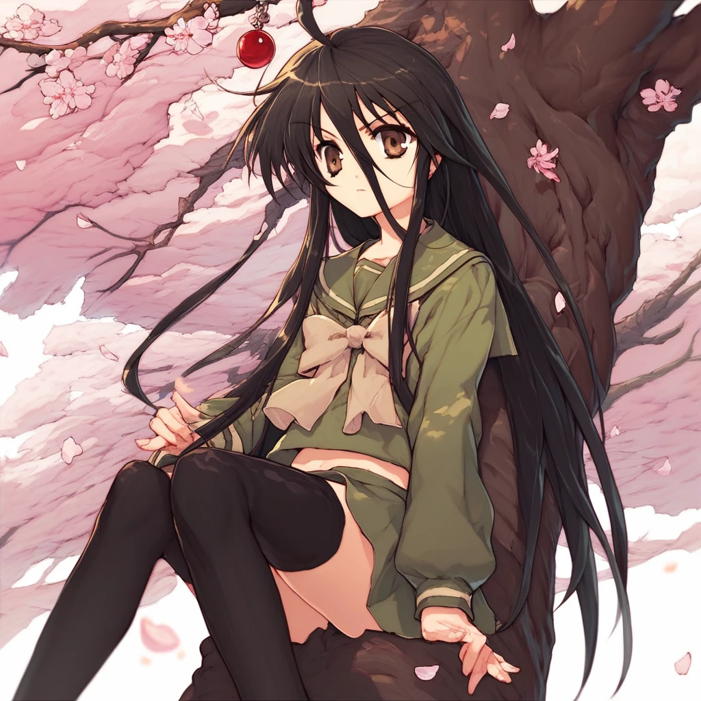 score_9, score_8_up, score_7_up, score_6_up, Shana, 1girl,  solo, long hair, black hair, thighhighs, jewelry, sitting, brown eyes, school uniform, serafuku, black thighhighs, tree, zettai ryouiki, cherry blossoms, pendant, in tree, sitting in tree, shana, alastor (shakugan no shana), sensitive