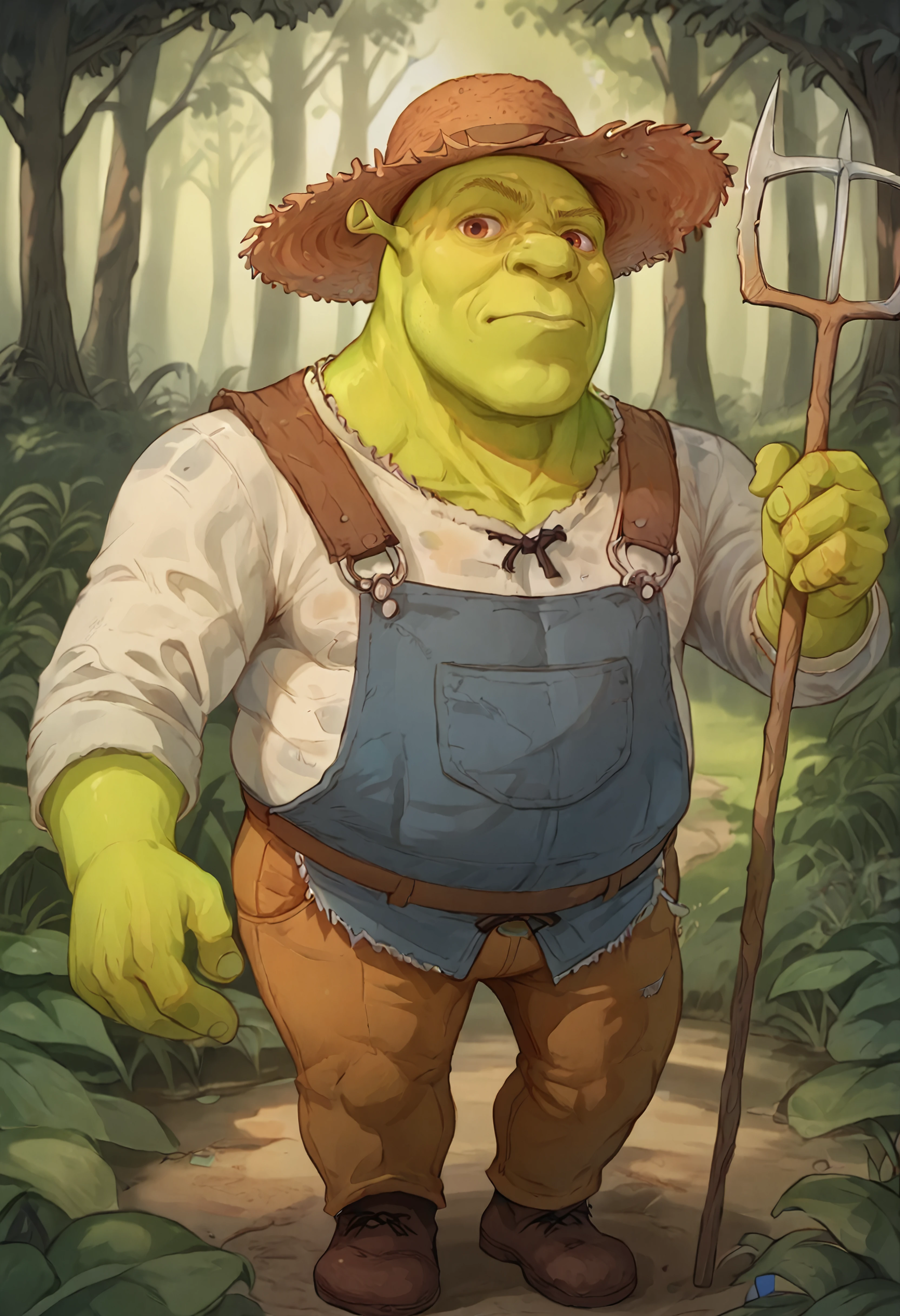 score_9, score_7_up BREAK shrek, green skin,male focus,swamp,overalls,pitchfork,straw hat,brown eyes <lora:kuromoro_pd:1> <lora:Shrek_XLPD:0.8>