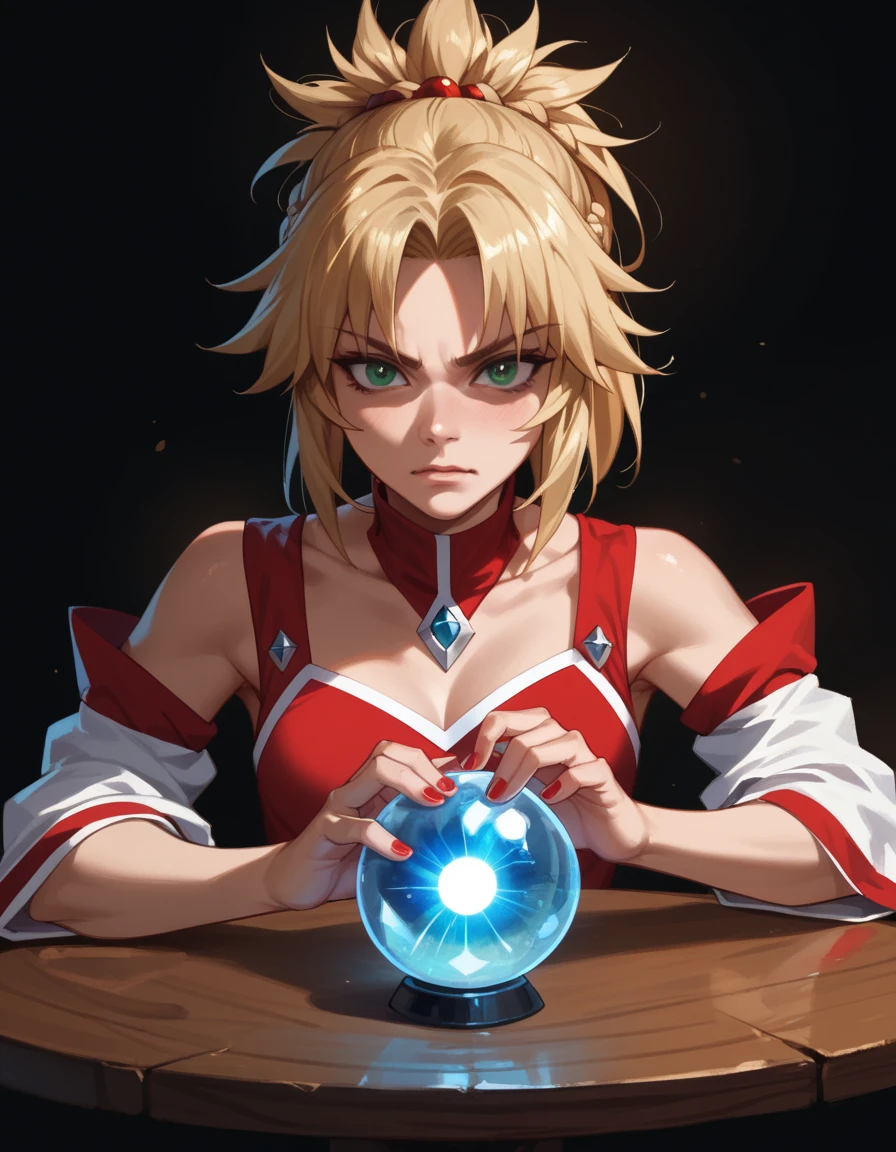 score_9, score_8_up, score_7_up, score_6_up, score_5_up, score_4_up, 1girl, mordred_\(fate\), hud_cryst4l_b4ll, glowing, crystal ball, orb, upper body, table, nail polish