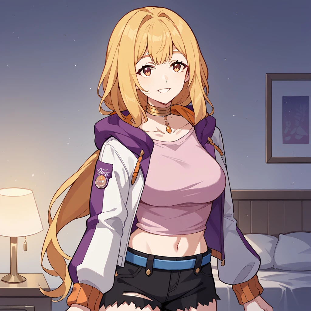 score_9_up, score_8_up, score_7_up, source_anime, masterpiece, best quality, 1girl, solo, Susannah, Sus_Casual, night time, lamp, standing, smile, blonde hair, brown eyes, long hair, hair intakes, low ponytail, hoodie, hooded jacket, multicolored jacket, hood on, fake animal ears, black shorts, torn shorts, pink shirt, white jacket, purple jacket, midriff, navel, blue belt, crop top, orange choker, mature body, dynamic cowboy shot, indoors, bedroom background