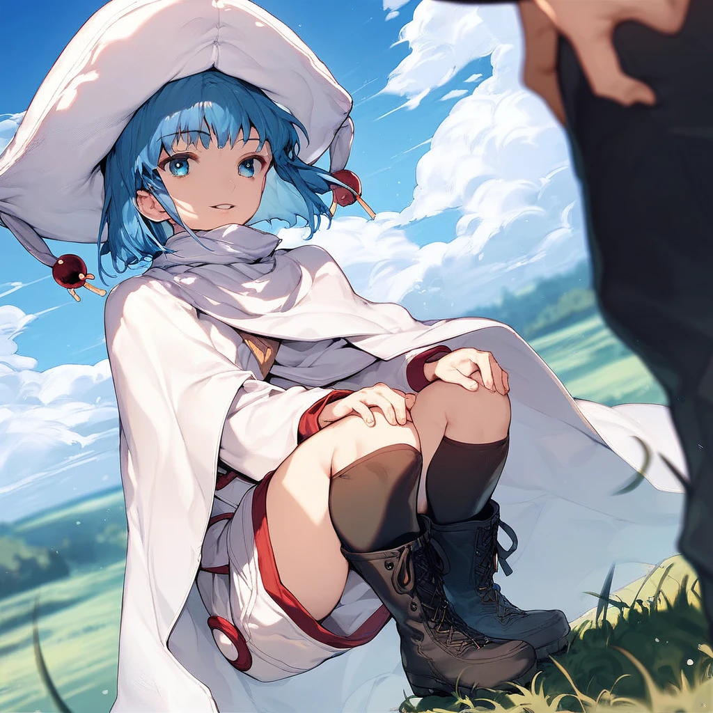 score_9, score_8_up, score_7_up, score_6_up, Hecate, 1girl, looking at viewer, smile, short hair, open mouth, bangs, blue eyes, long sleeves, hat, blue hair, boots, outdoors, parted lips, sky, solo focus, day, socks, pants, cloud, cape, black footwear, blue sky, kneehighs, dutch angle, white headwear, squatting, knee boots, cloudy sky, grass, plant, out of frame, blurry foreground, white cape, hand on own knee, sensitive