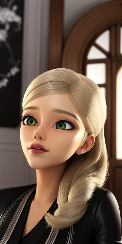 Hyperrealistic, photorealistic, super detailed, blond hair which kept in a side ponytail, upturned green eyes, thin eyebrows, pointy chin, body like in real life, large pores, fair-skinned, beautiful arms, unreal engine, octane render, droped shadow, bokeh, cinematic lighting, Amelie Graham de Vanily, Emilie Agreste, , <lora:ff2c9a34-5dff-4a13-8ade-c0c35d6a79ce:0.7>