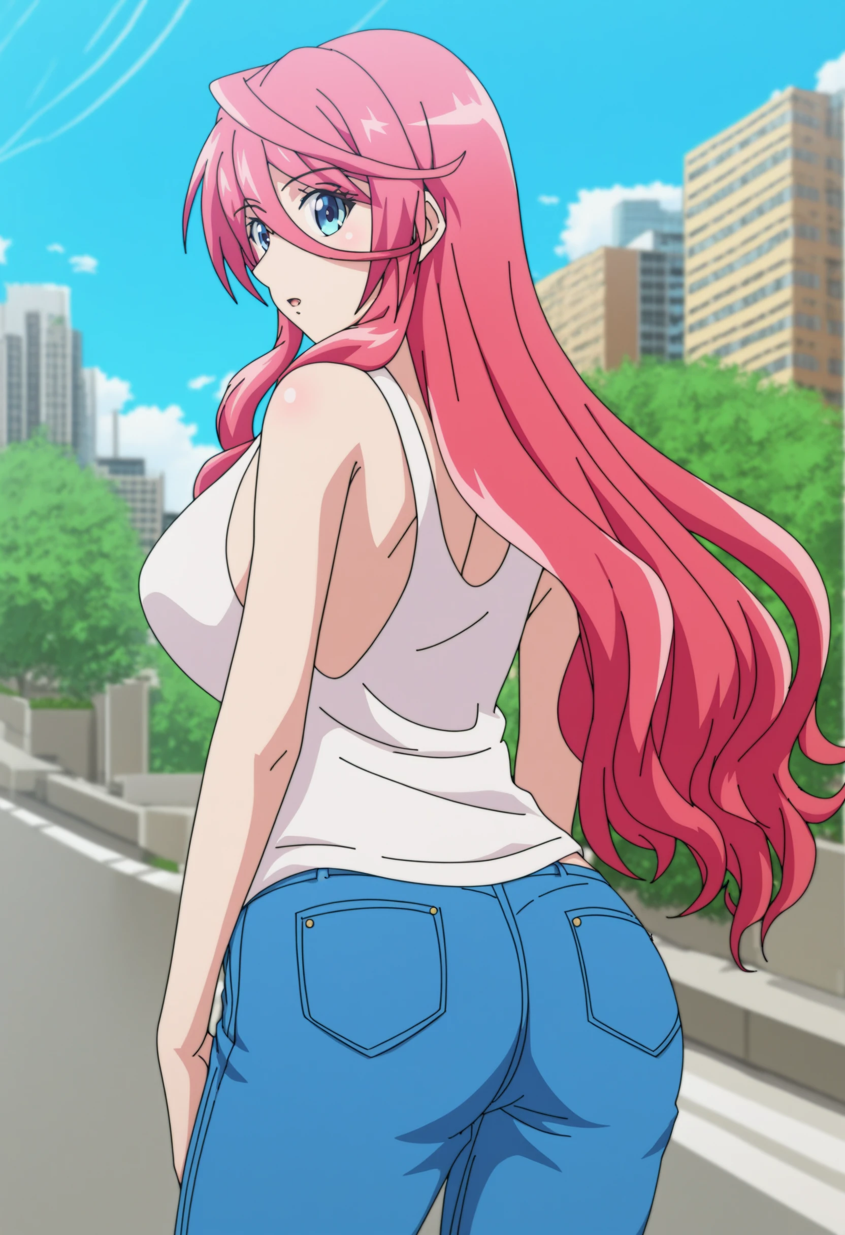 score_9, source_anime BREAK sysdeep_saria, 1girl, solo, long hair, breasts, blue eyes, large breasts, hair between eyes, pink hair, red hair, outdoors, city, street, blue jeans, tank top, looking back, <lora:Saria - [The Fruit of Evolution] - Pony Version 1:1>