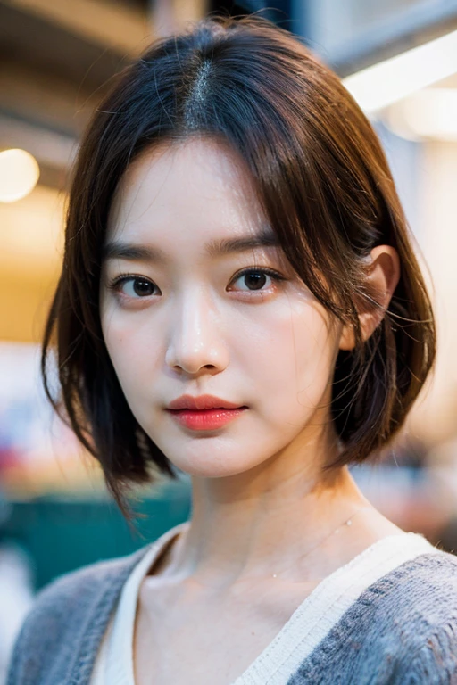 masterpiece, best quality, ultra-detailed, ultra high res, (photorealistic:1.4), raw photo, (realistic:0.2), 8k HDR, realistic cool temperature lighting, 1girl, solo, asymmetrical hair, outdoor, (traditional market:1.2), bokeh, (detailed lips), (detailed pores), (detailed skin textures), (detailed face:1.2), (body:1.2), a woman in a cardigan, promotional image, a character portrait,