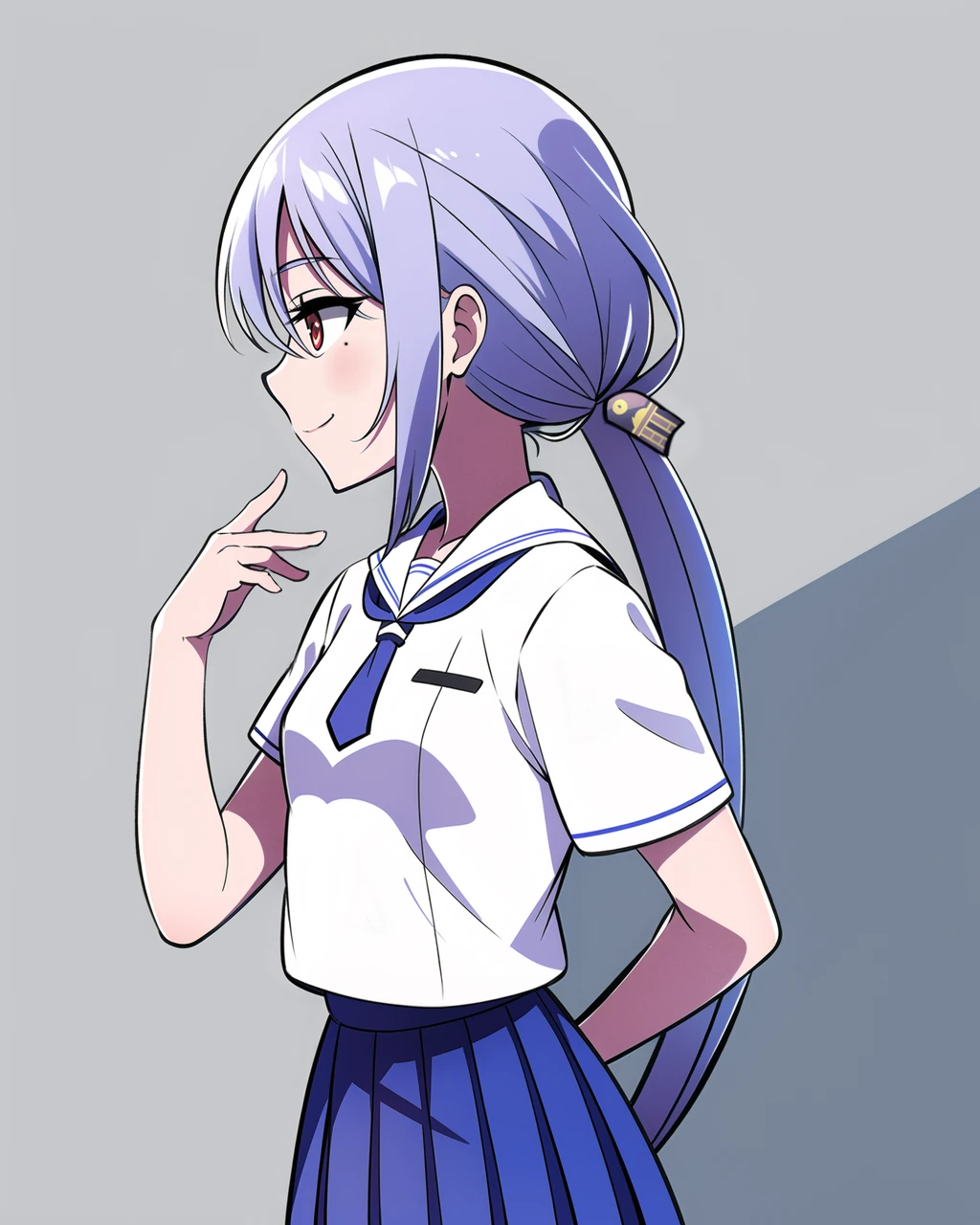 masterpiece, high quality, pmmmamanosuzune, 1girl, upper body, medium shot, side view, hand on chest, red eyes, grey hair, ponytail, amulet in hair, white with blue shirt, blue pleated skirt, blue tie, hands behind back, light smile, <lora:pmmmamanosuzune:0.8>