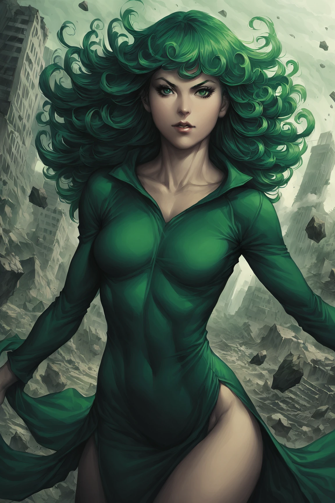 (masterpiece), (best quality), (intricate details, very aesthetic), highres, absurdres,  good hands, 1girl, <lora:stanley_lau-animagine:1>, stanley_lau_style, realistic,    tatsumaki, one-punch man, green hair, curly hair, long hair, medium breasts, green dress, levitation, floating, ruins, destruction, city, outdoors, looking at viewer,  floating_rock